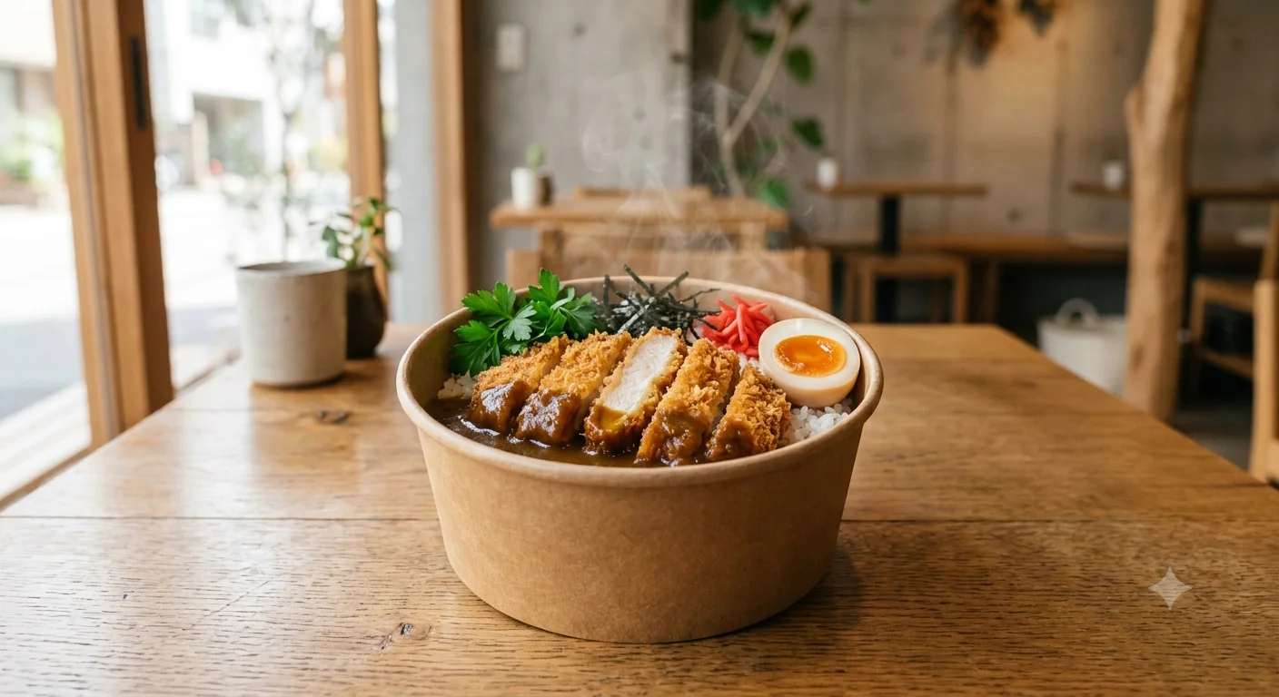 Japanese katsu curry served in a bowl with rice and garnishes