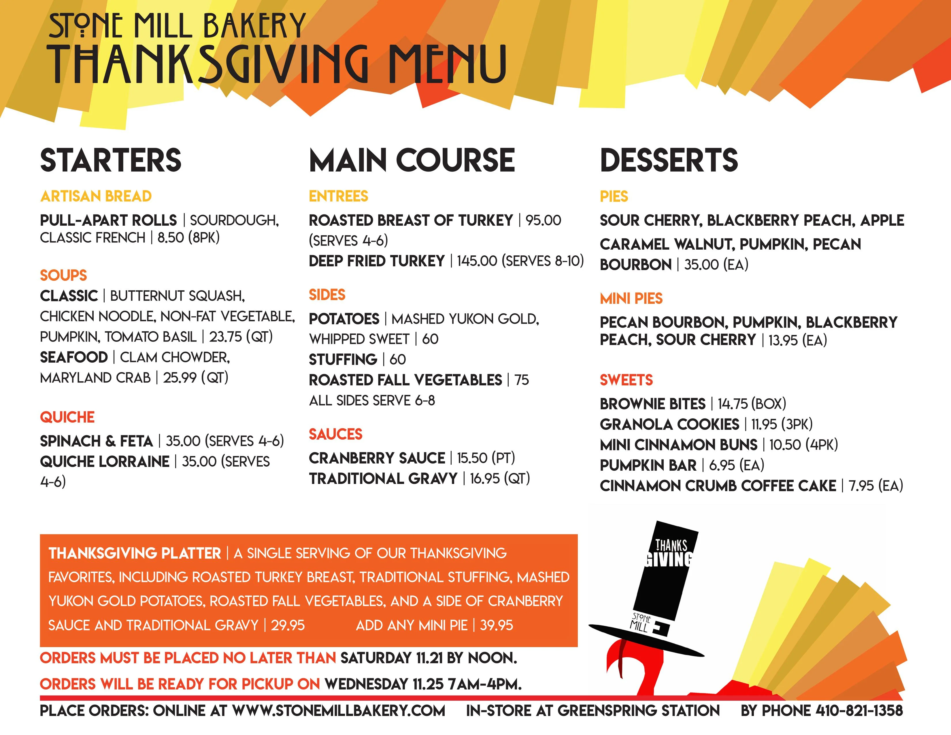 Thanksgiving bakery menu flyer with seasonal offerings and ordering details