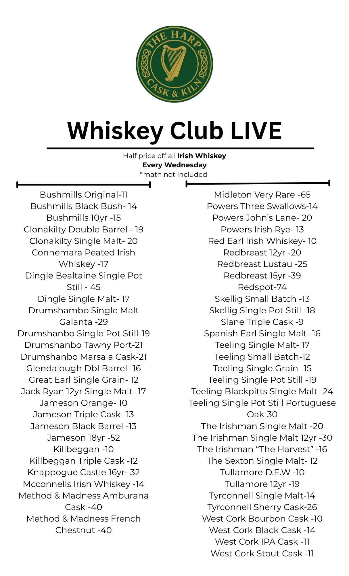 Whiskey menu featuring various Irish whiskeys and prices.