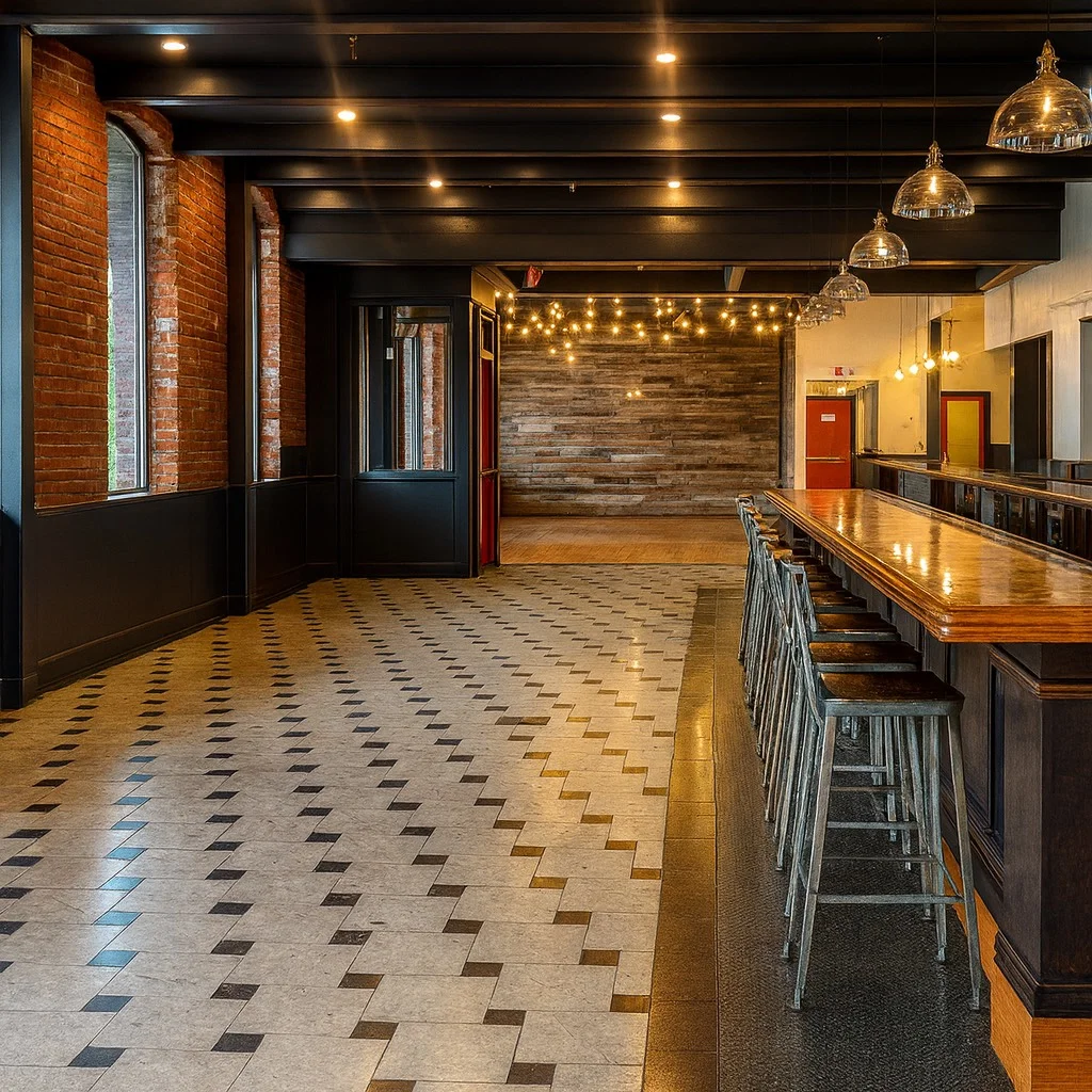 Cozy restaurant interior with rustic decor and bar seating