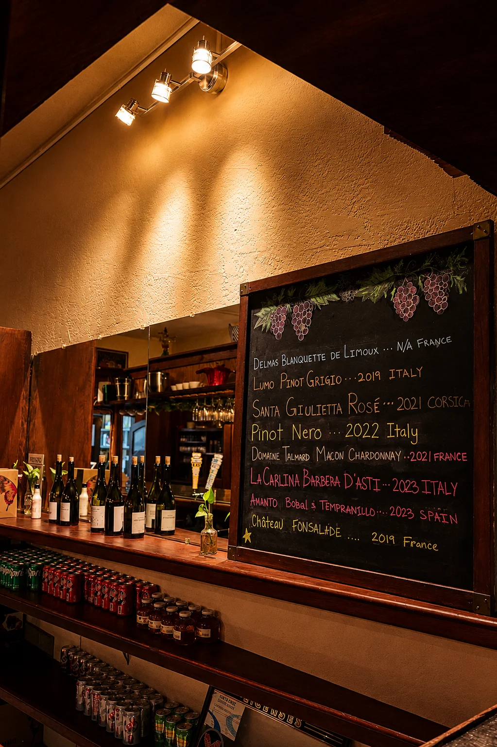 Chalkboard wine list in a cozy restaurant setting