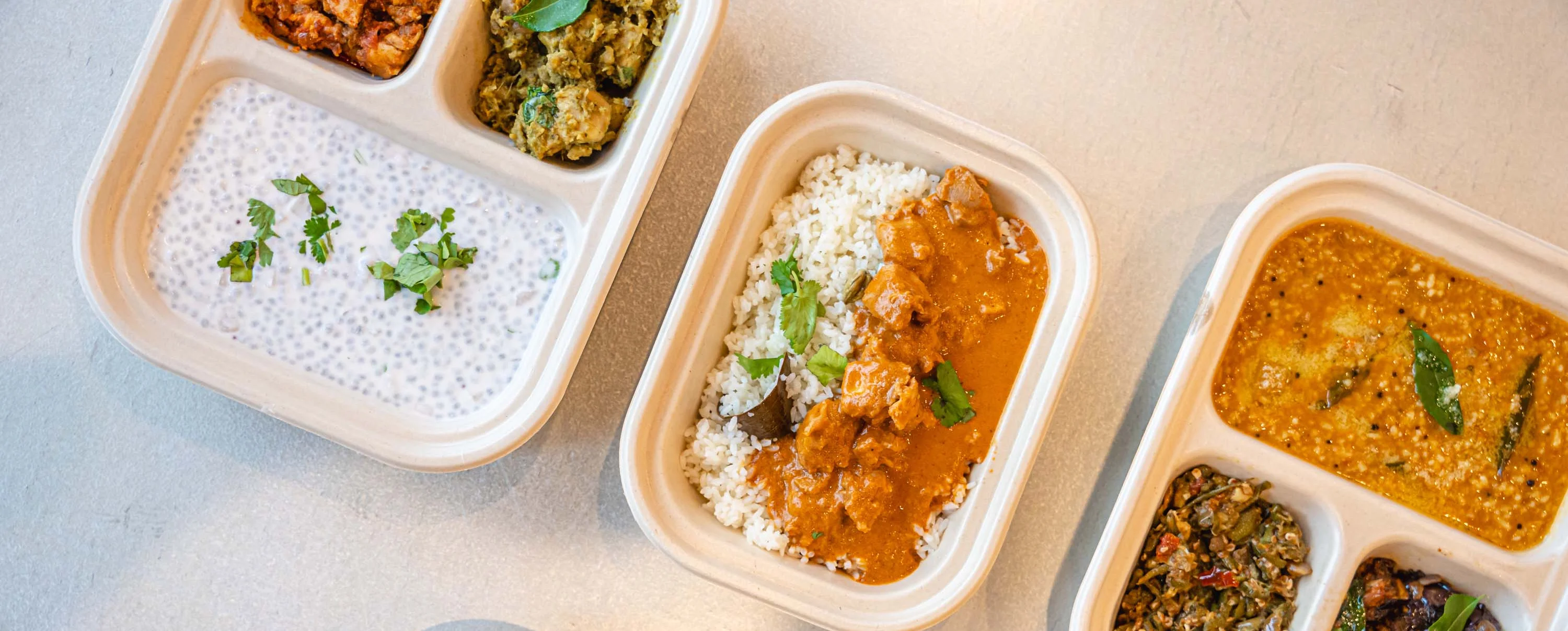 South Indian thali with rice, curries, and yogurt
