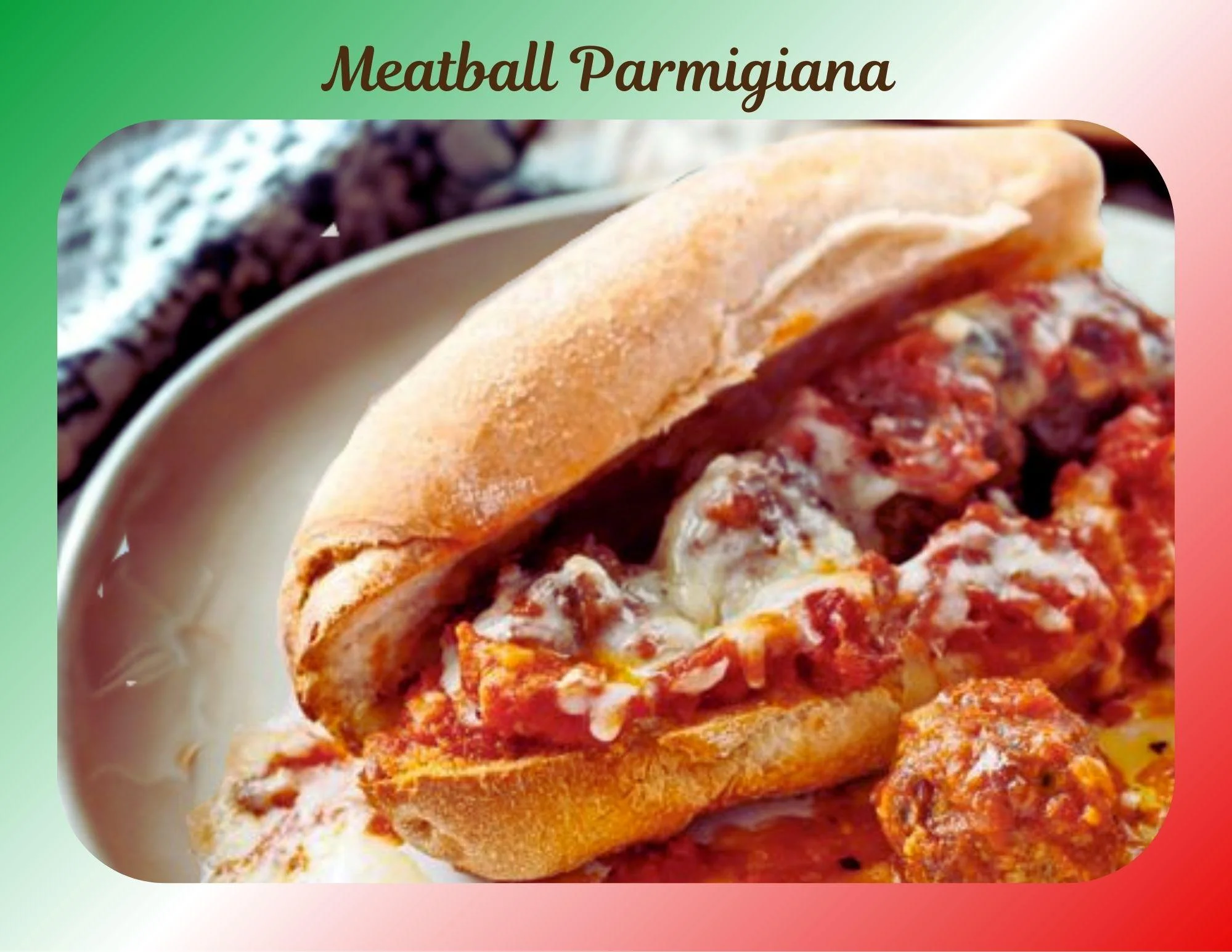 A succulent Meatball Parmigiana sandwich loaded with meatballs, marinara sauce, and melted cheese, served in a soft bread roll.
