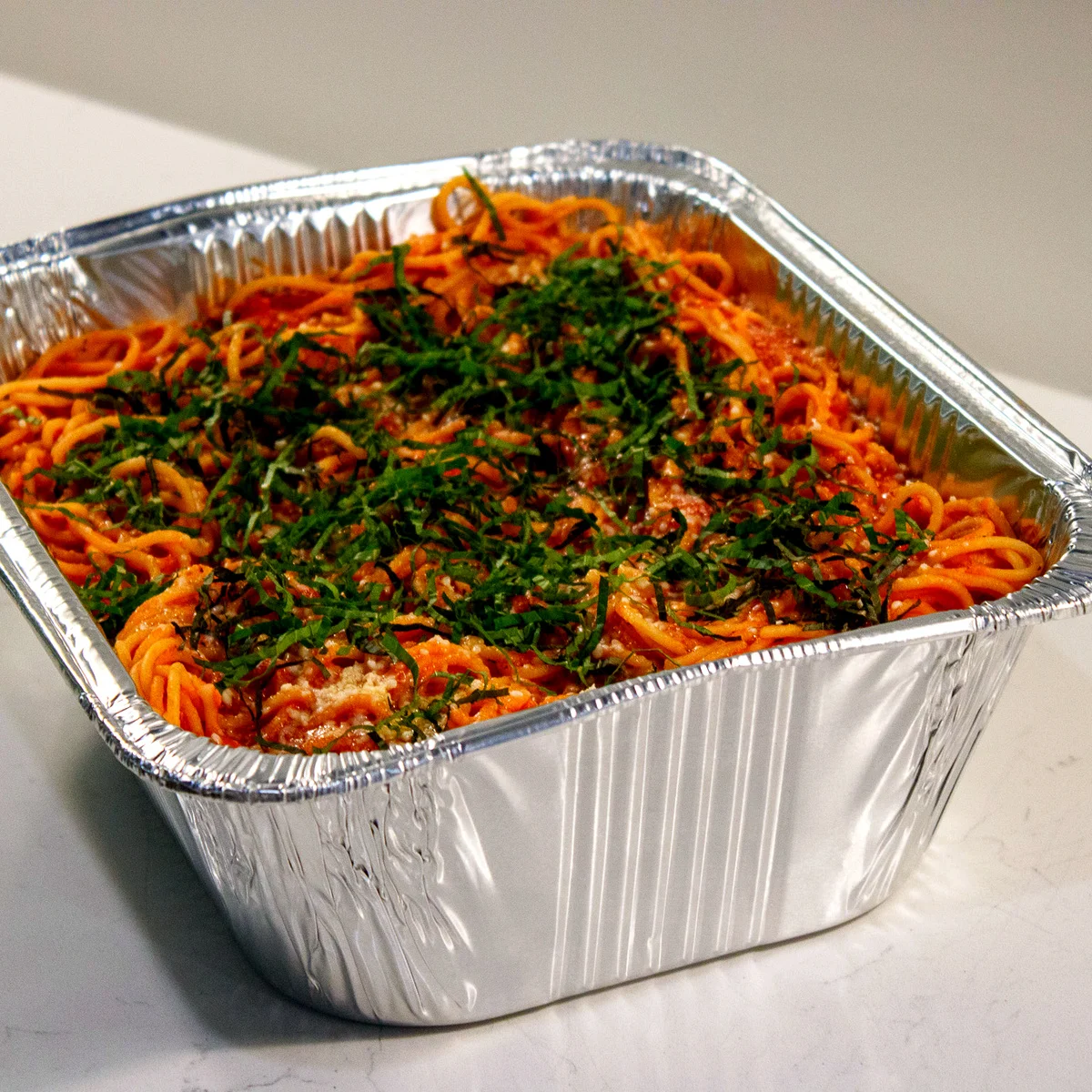 Spaghetti and marinara catering tray