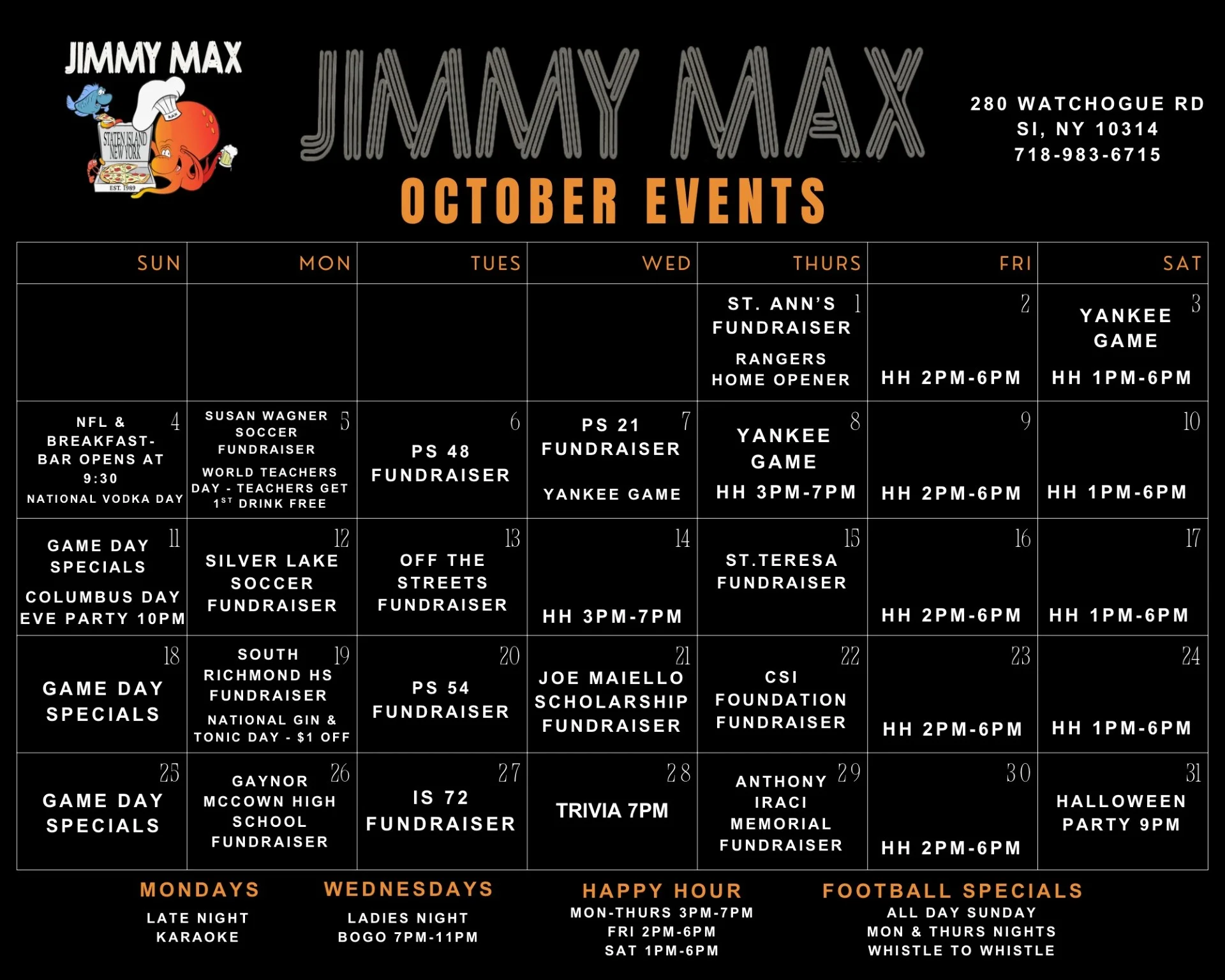 Jimmy Max October Bar Specials & Events