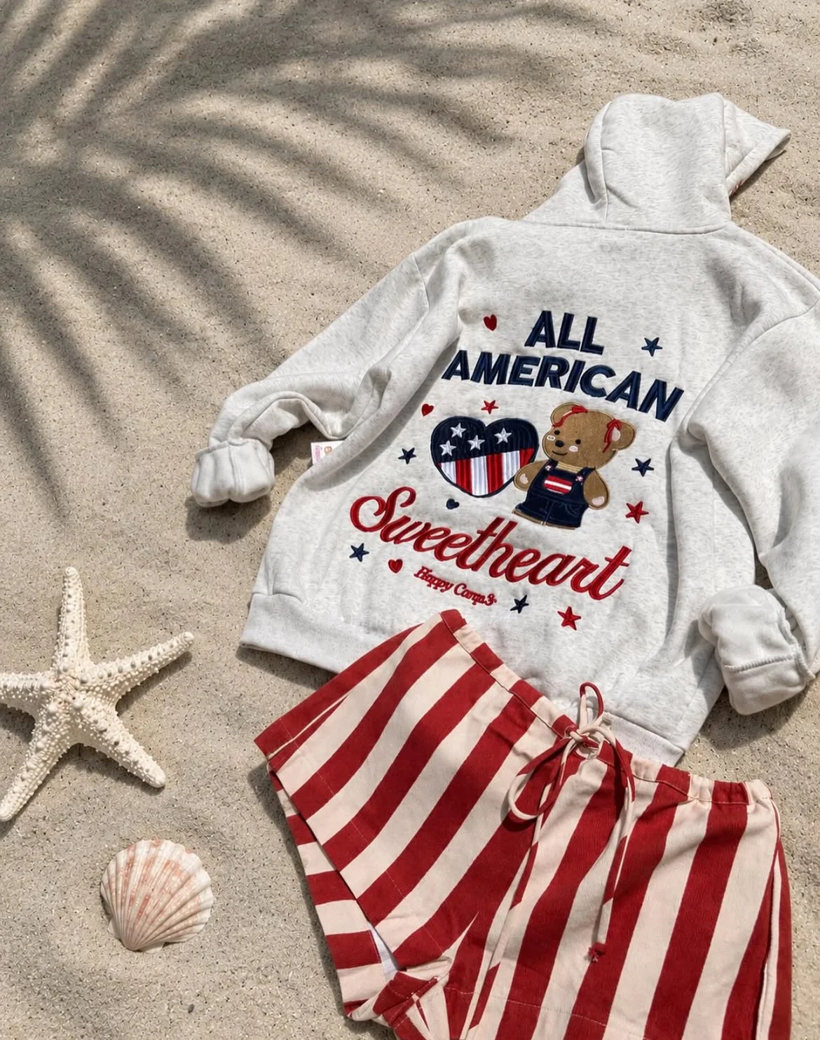 All american sweetheart sweatshirt and red striped shorts