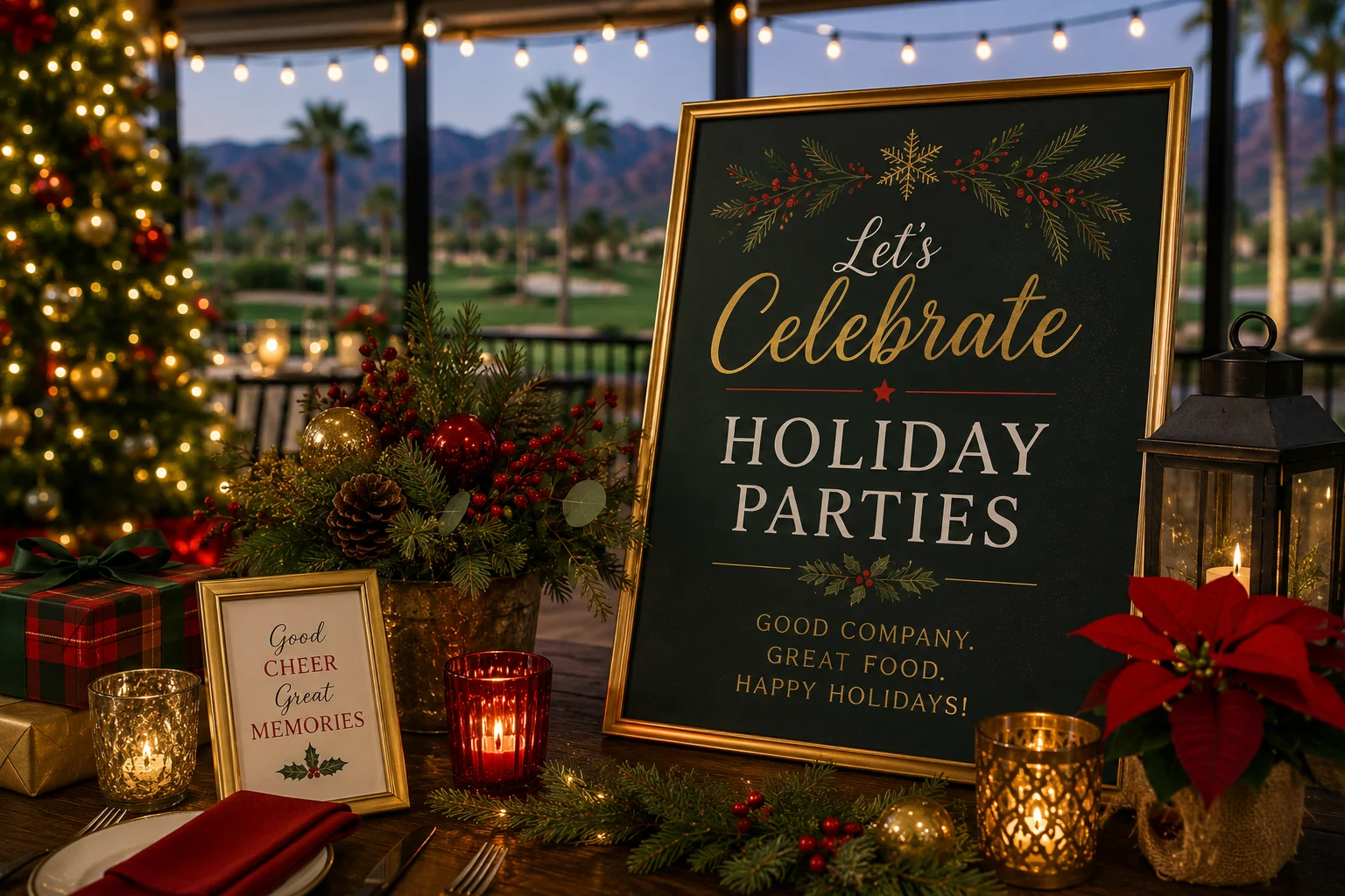 Festive holiday party table setting with decorations