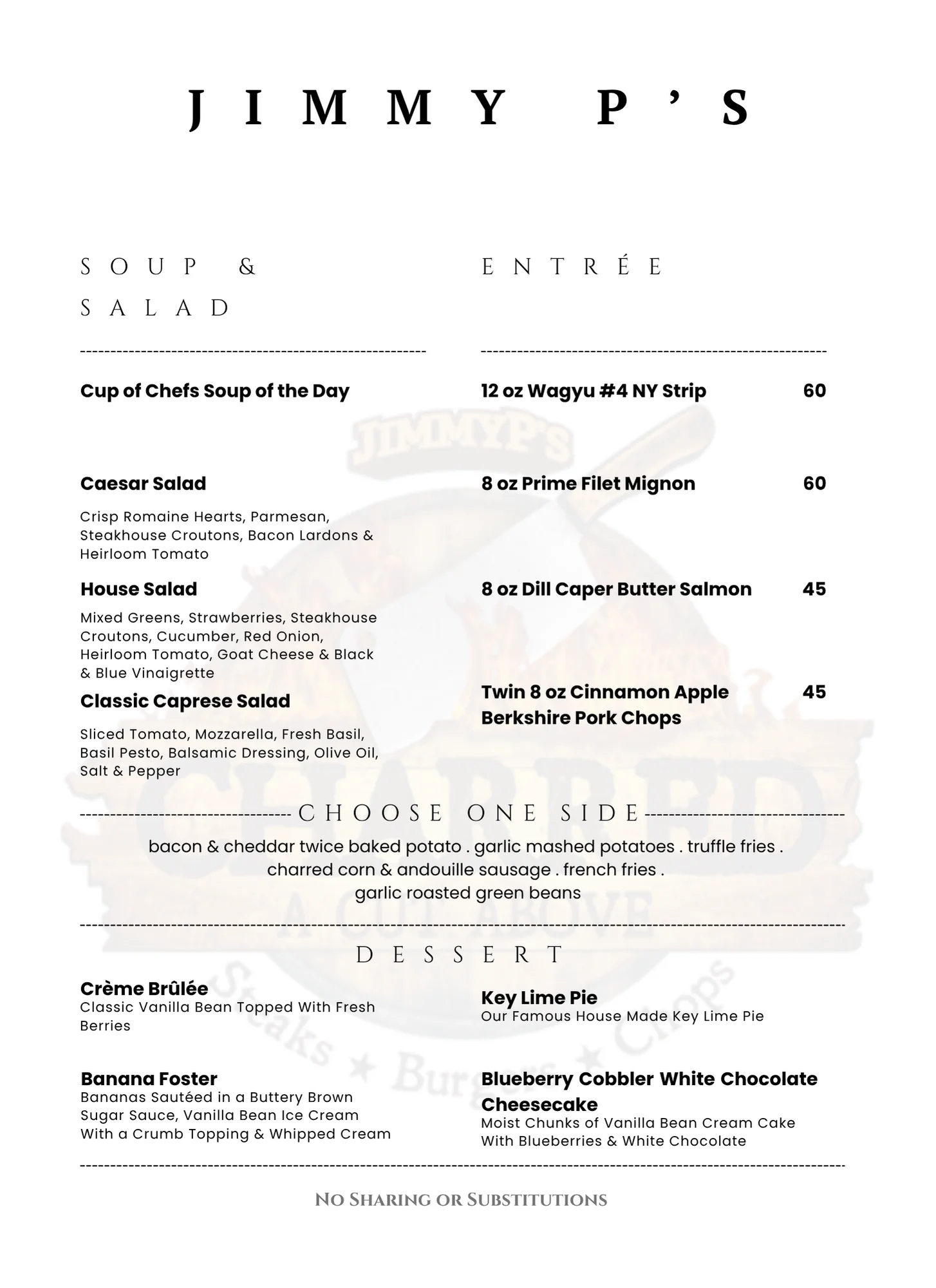 Elegant steakhouse menu featuring premium entrees and desserts