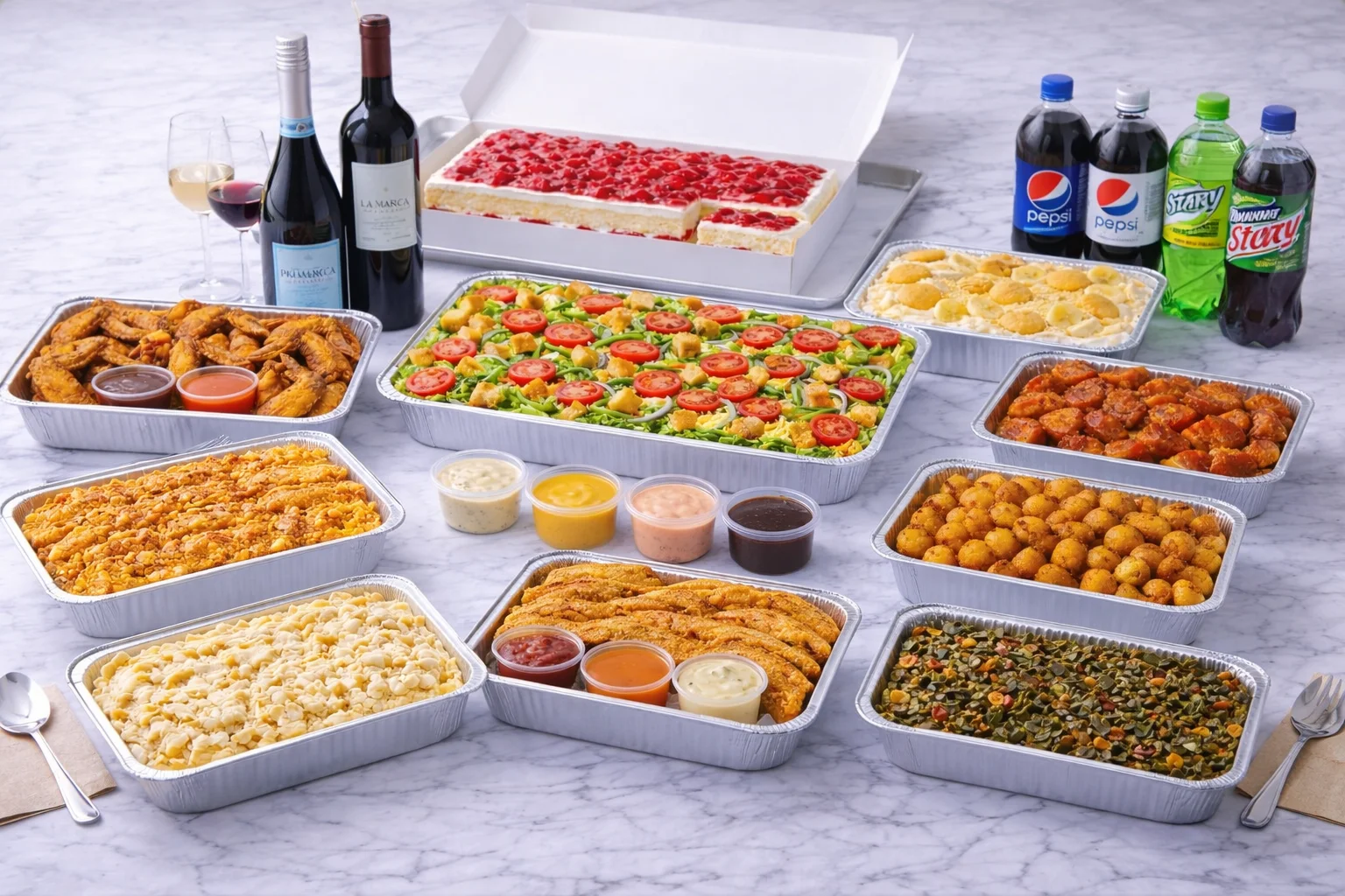 A colorful catering platter with various appetizers and garnishes.