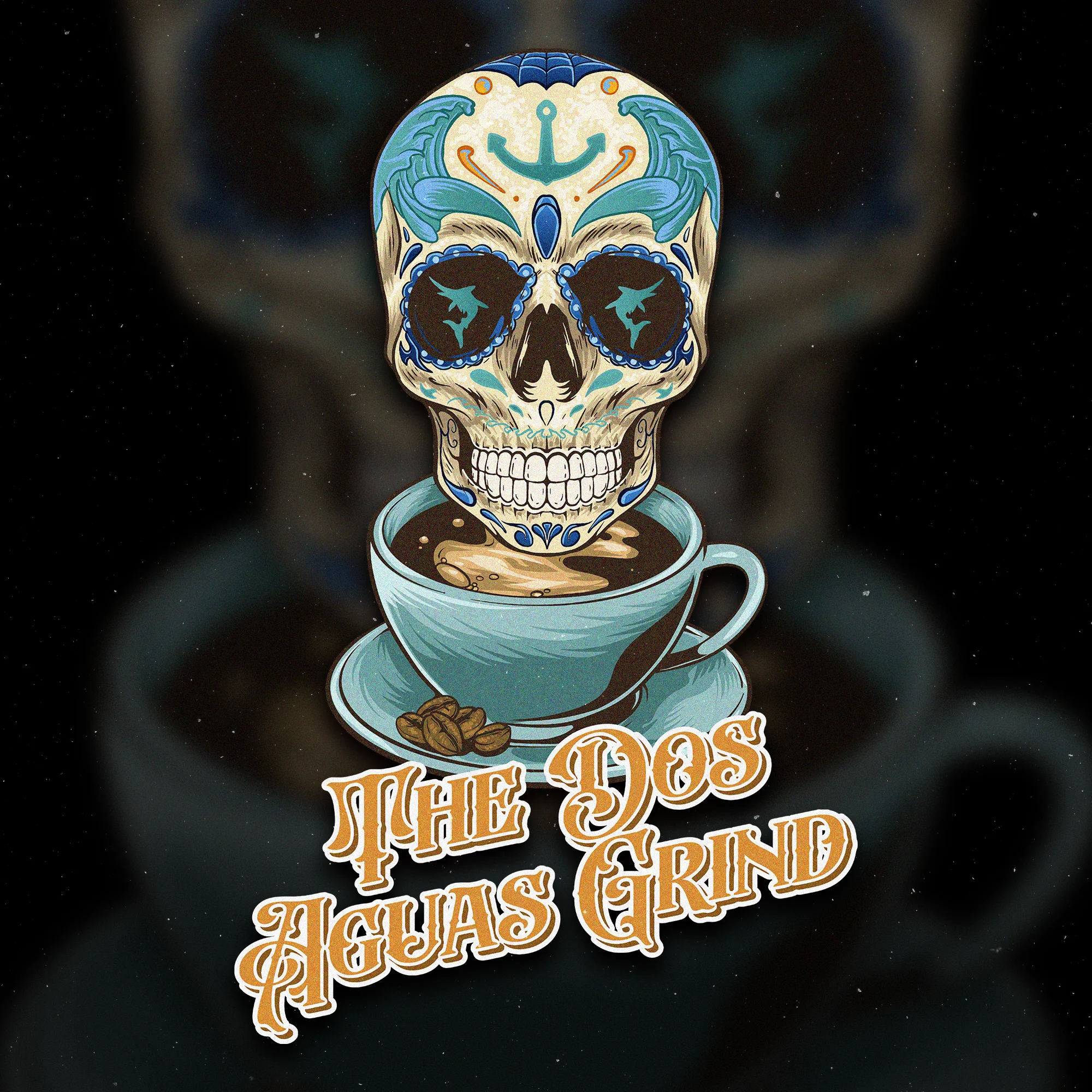 A stylized skull emerging from a coffee cup, accompanied by coffee beans and decorative patterns. The design features intricate detailing, embodying a blend of lively colors.