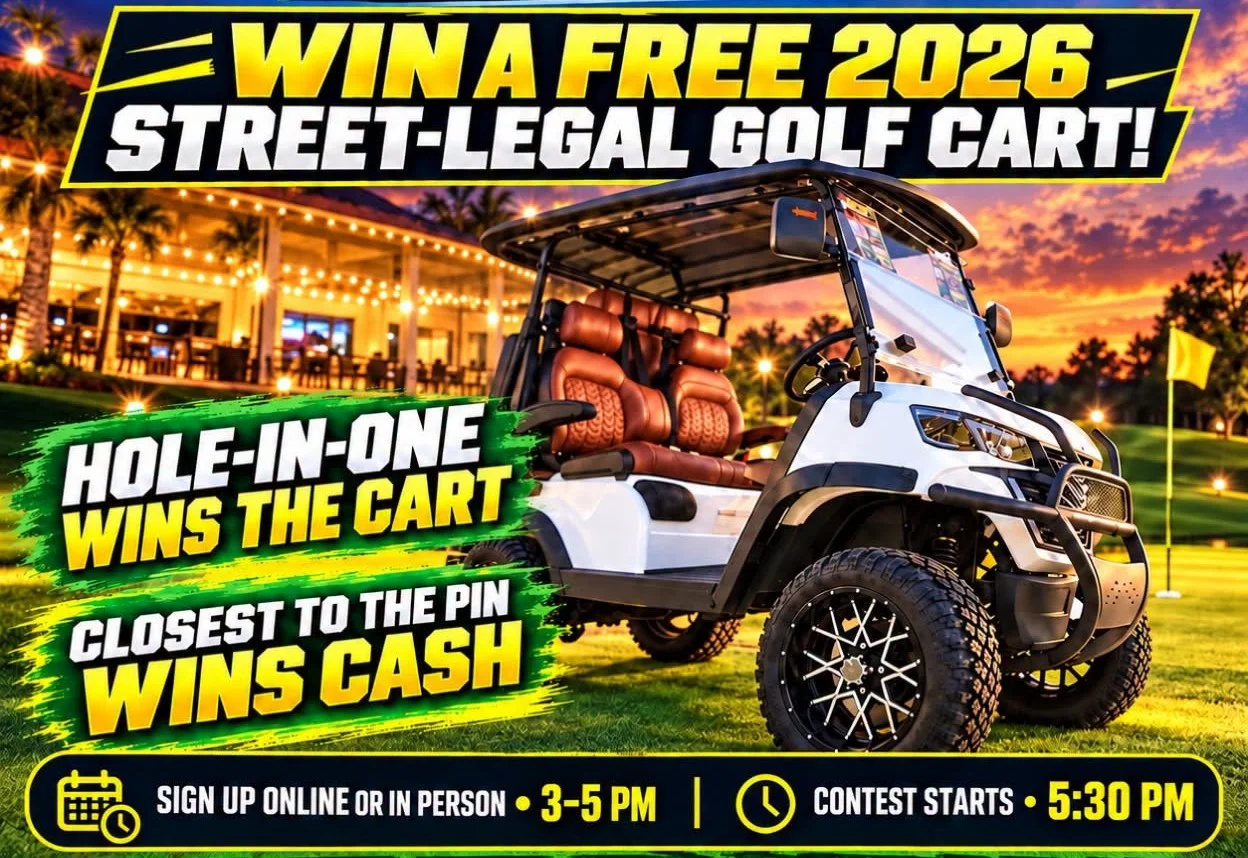Promotional golf cart contest graphic at a tropical golf course