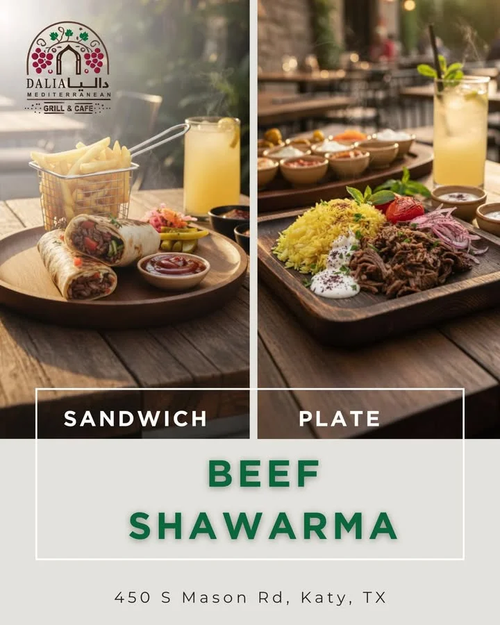 A split view of dishes featuring beef shawarma served as a wrap with fries and a plate with spiced rice, grilled beef, and various sauces. Refreshing drinks accompany the meals.