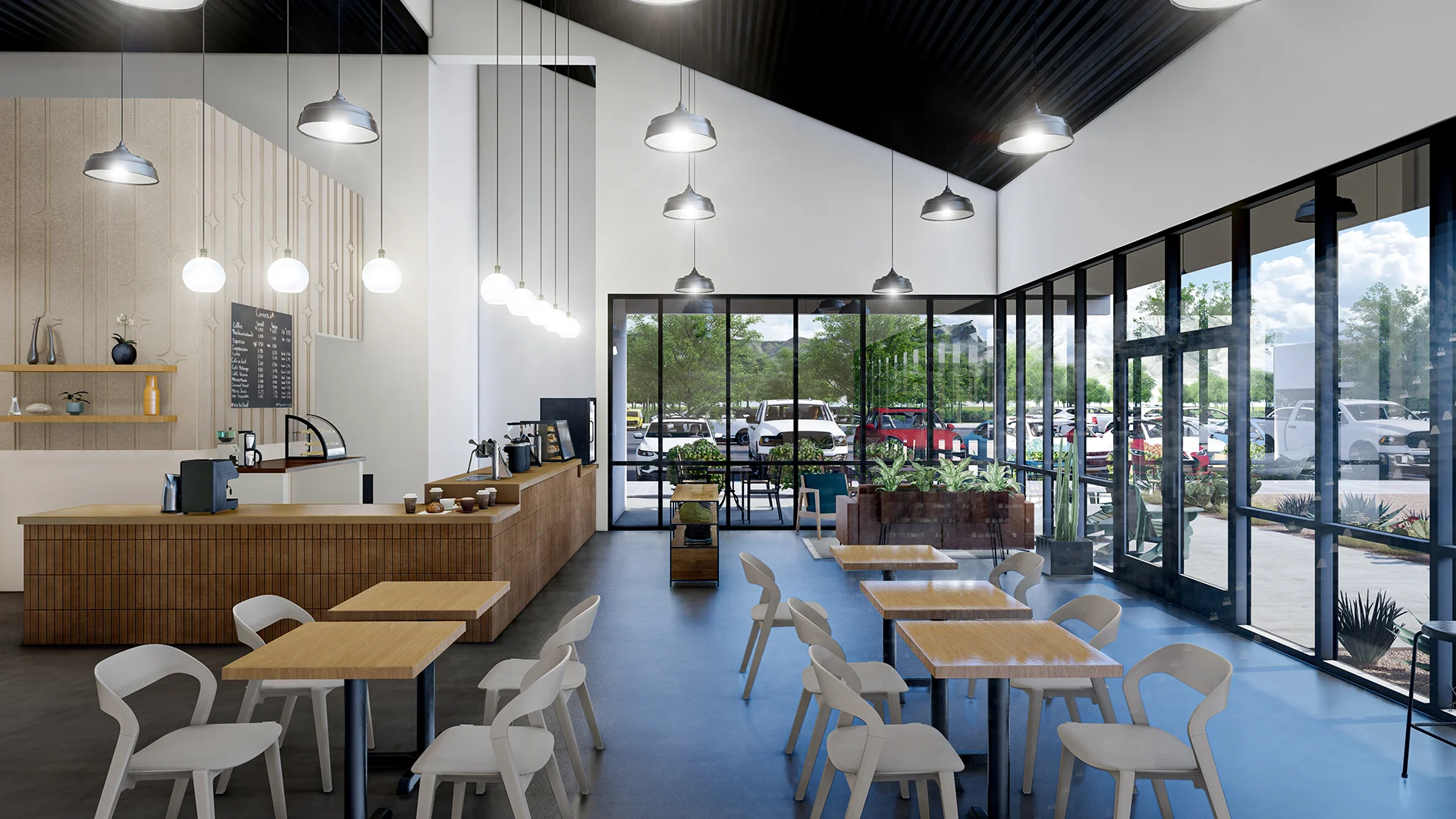 Modern café interior with wooden accents and large windows