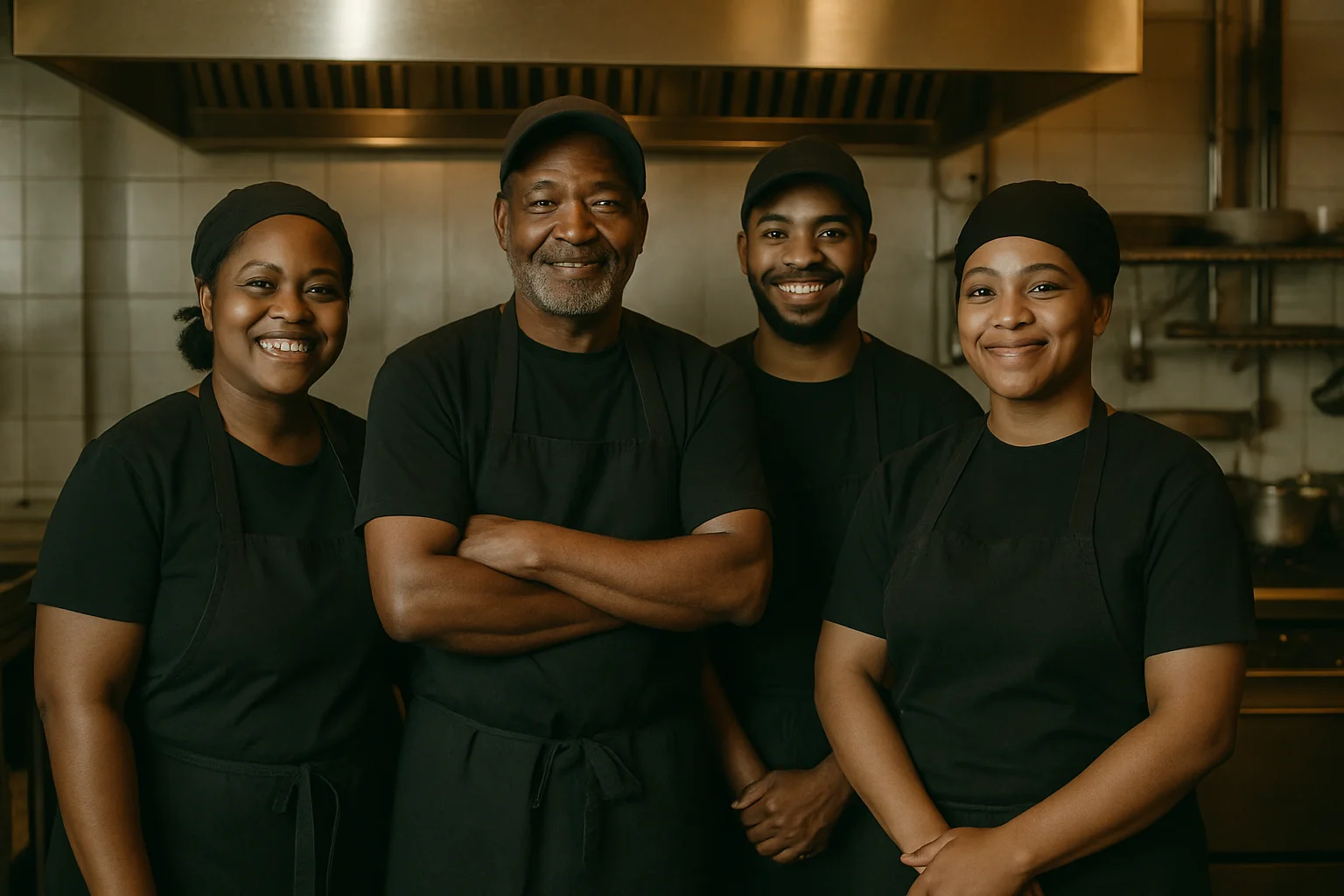 Culinary team of chefs smiling in a restaurant kitchen