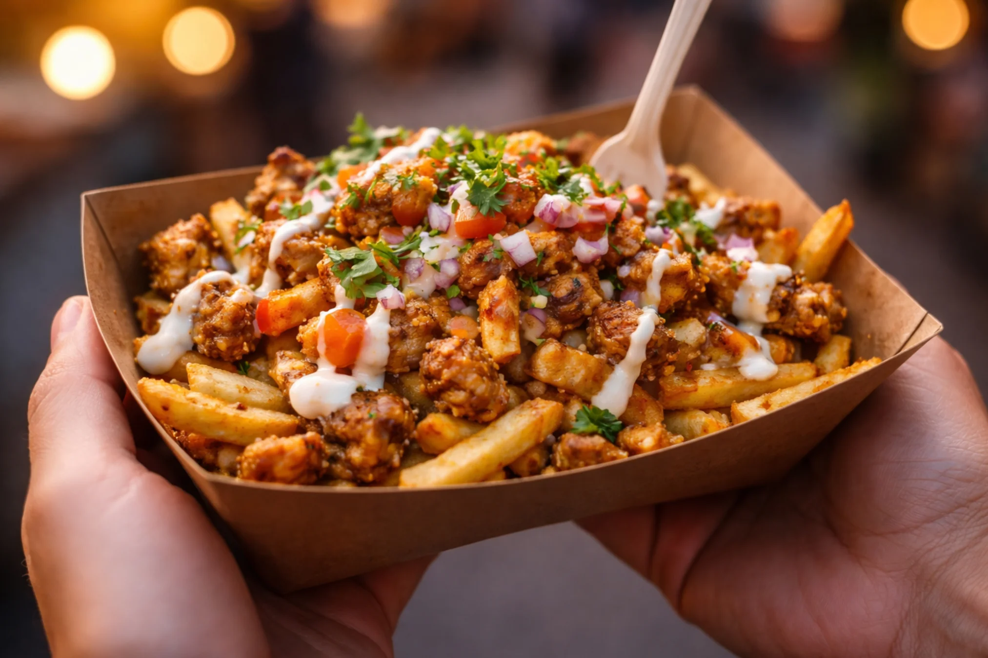 Loaded Indian-style fries with chicken and toppings