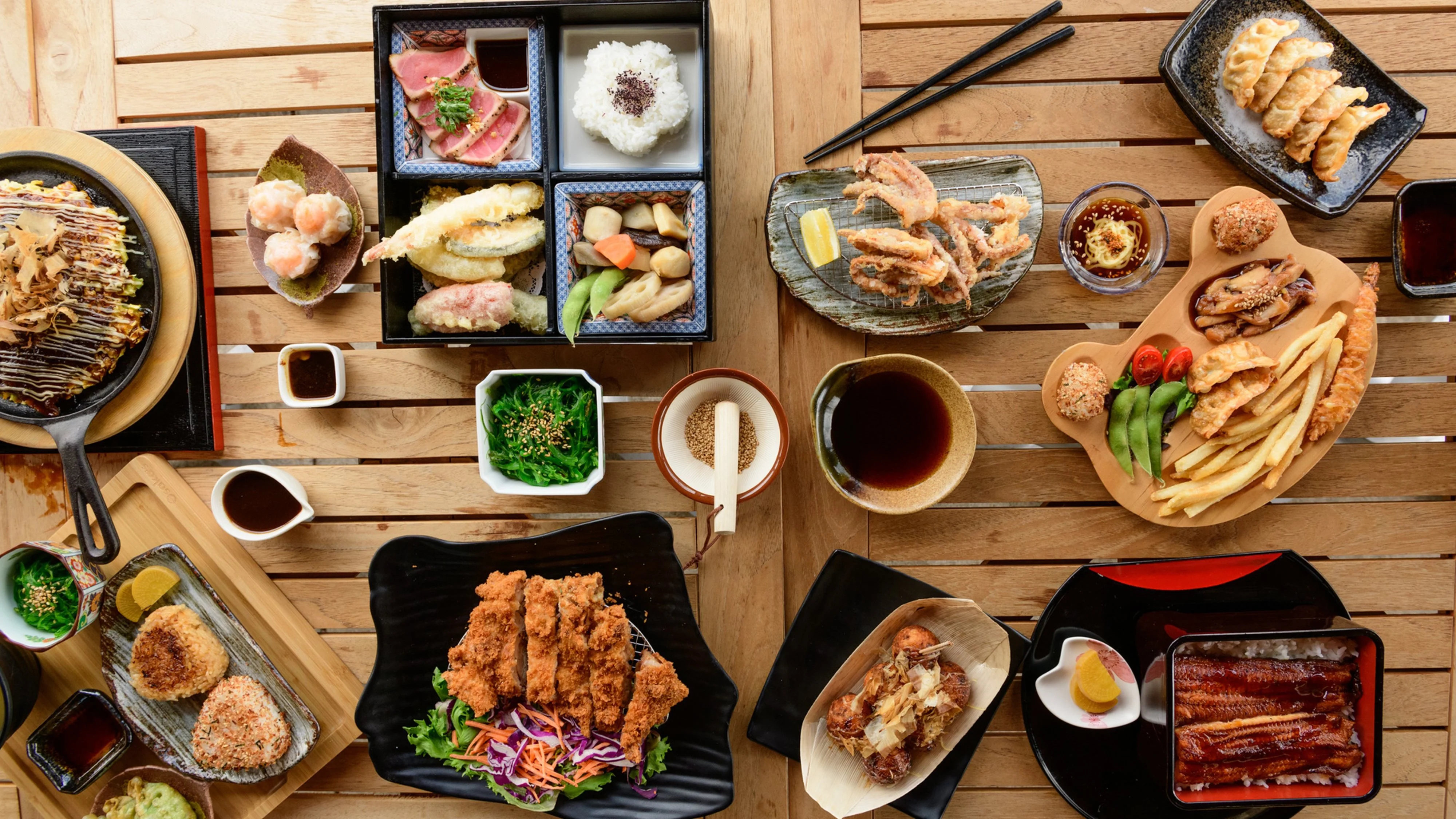 Japanese bento box with assorted dishes and tempura