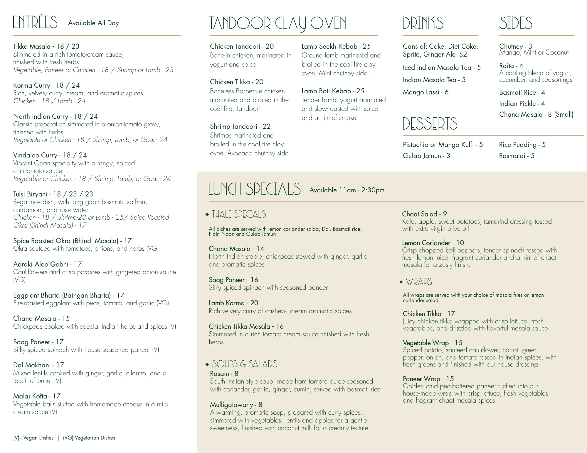 Indian restaurant menu featuring curries, tandoor dishes, wraps, and lunch specials