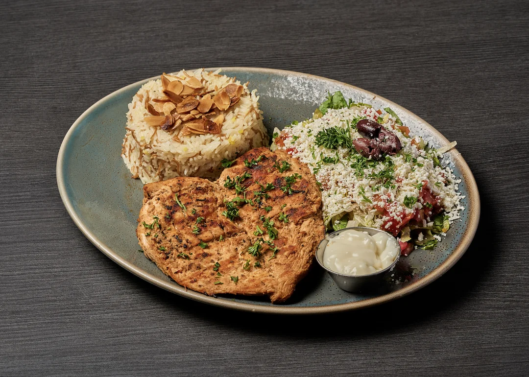 Mediterranean platter with grilled chicken breast served with garlic sauce and sides. 