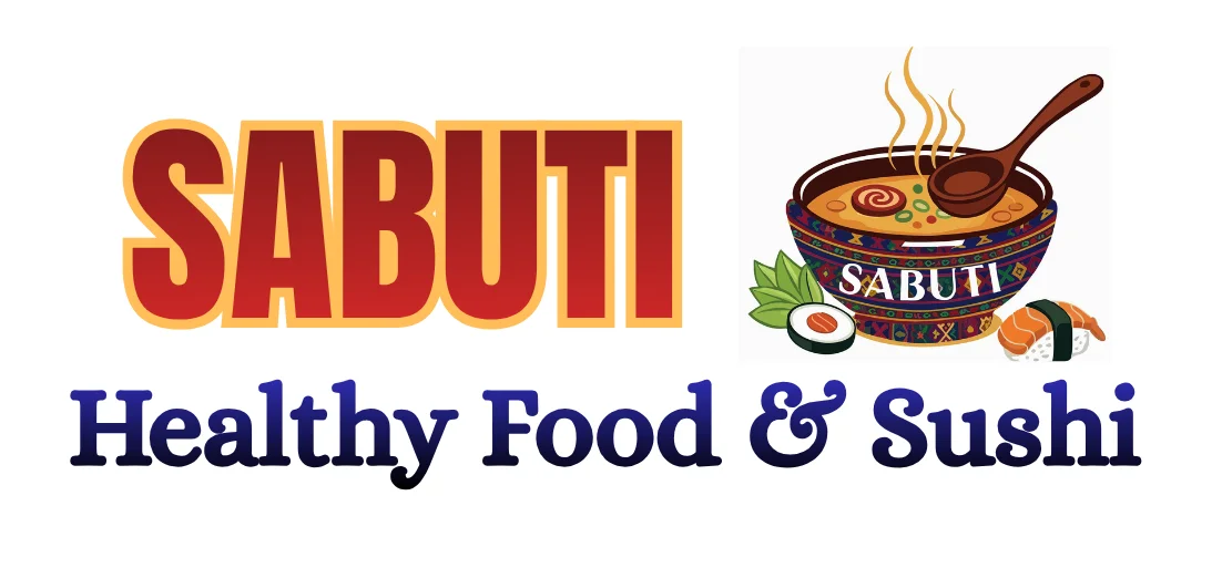 A logo for a restaurant featuring the name 'SABUTI', highlighting healthy food and sushi. The design includes a bowl of soup with various ingredients and sushi elements.