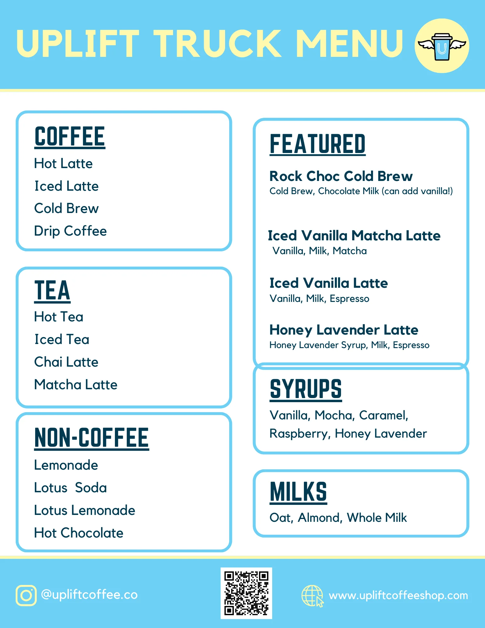 Uplift Coffee Truck menu featuring coffee and non-coffee drinks