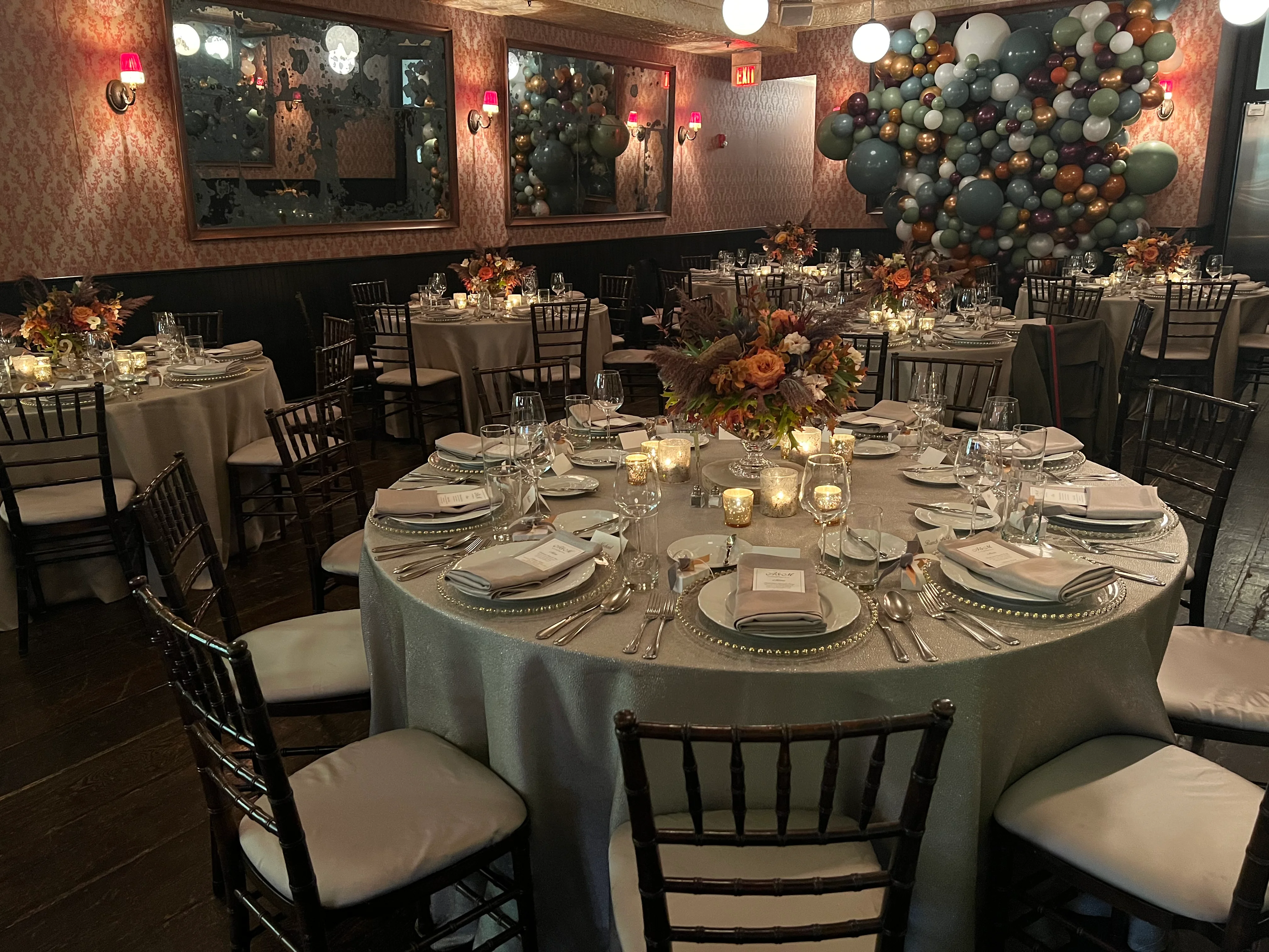 Elegant restaurant dining setup with floral centerpieces