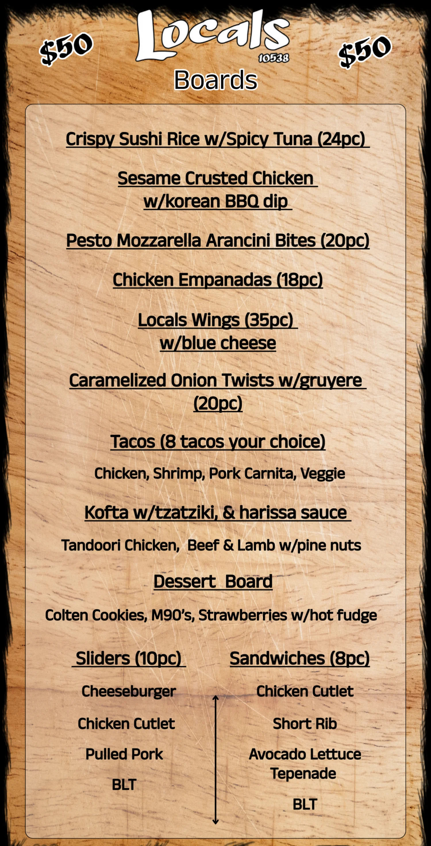 Menu board featuring various appetizers and sliders.