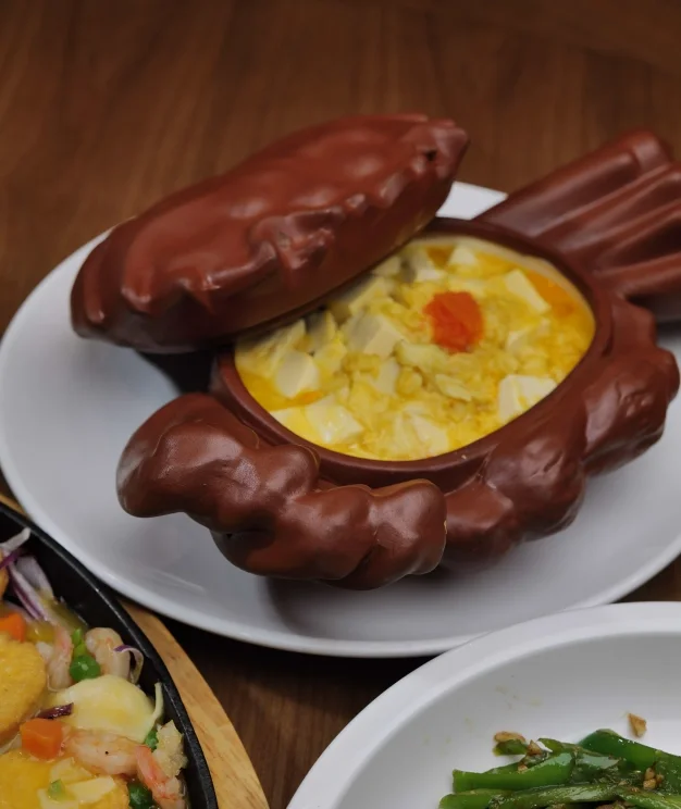 Chinese steamed egg custard in crab shell
