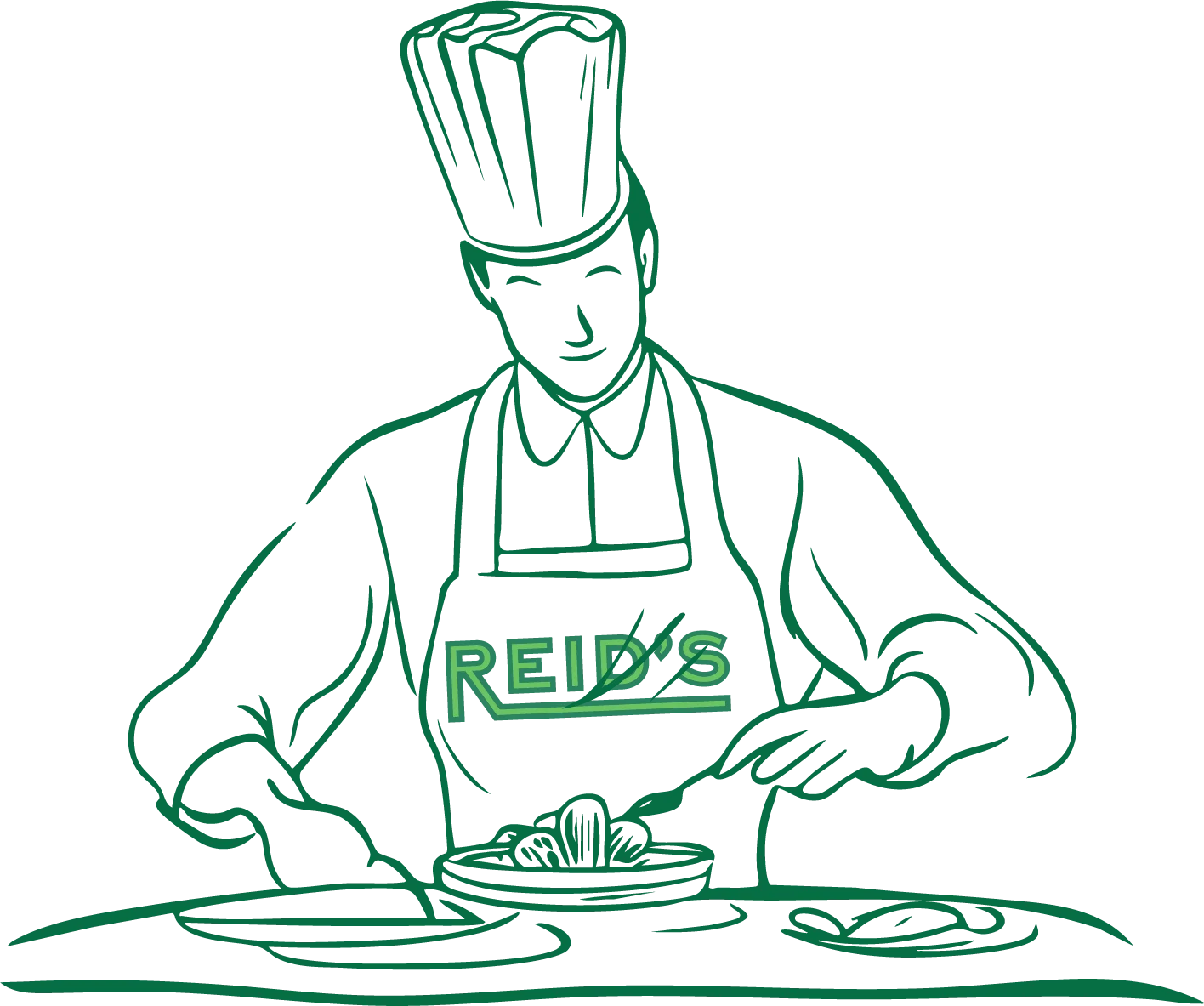 Chef Reid preparing a dish in a professional kitchen setting.