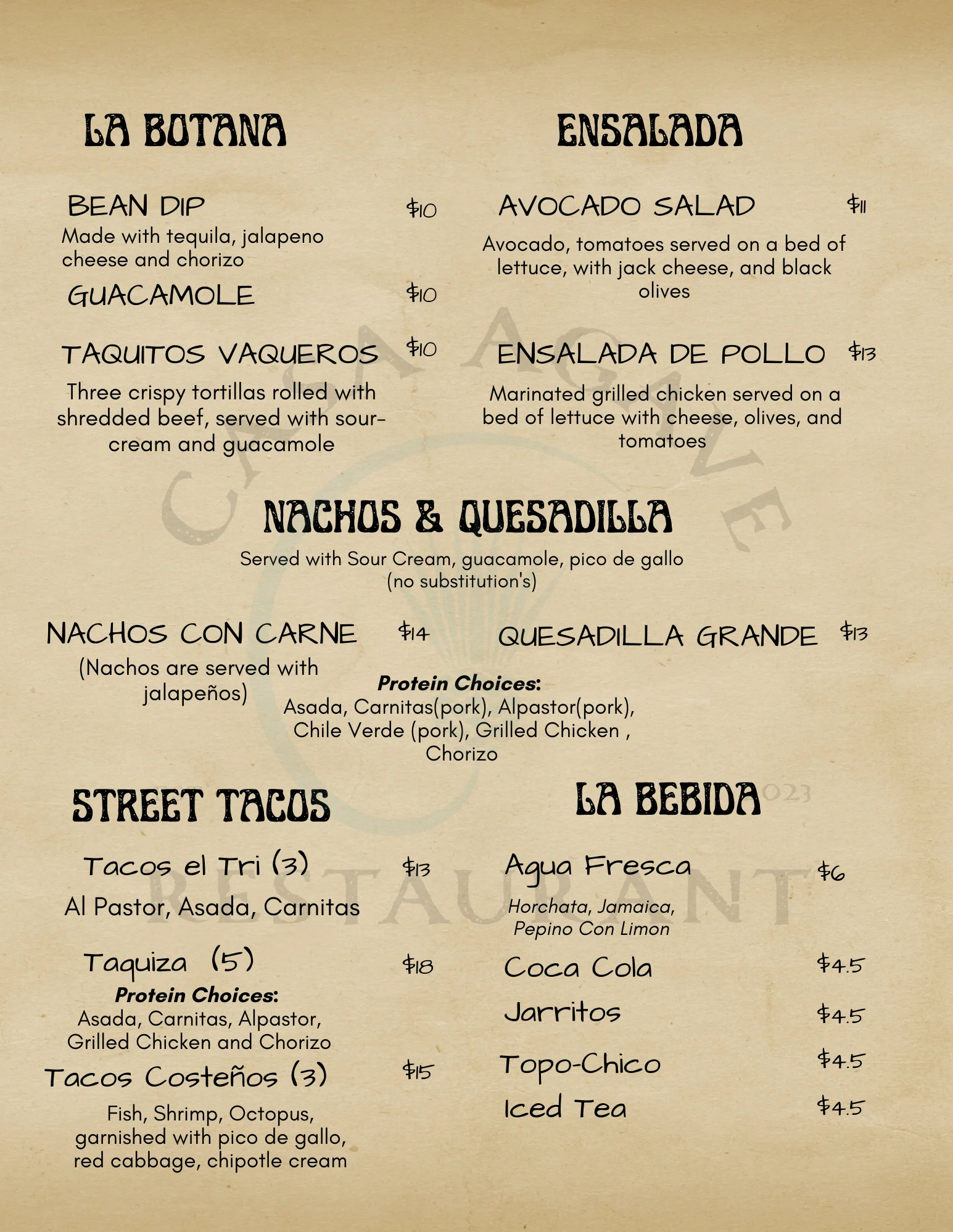 Mexican menu featuring tacos, nachos, and salads