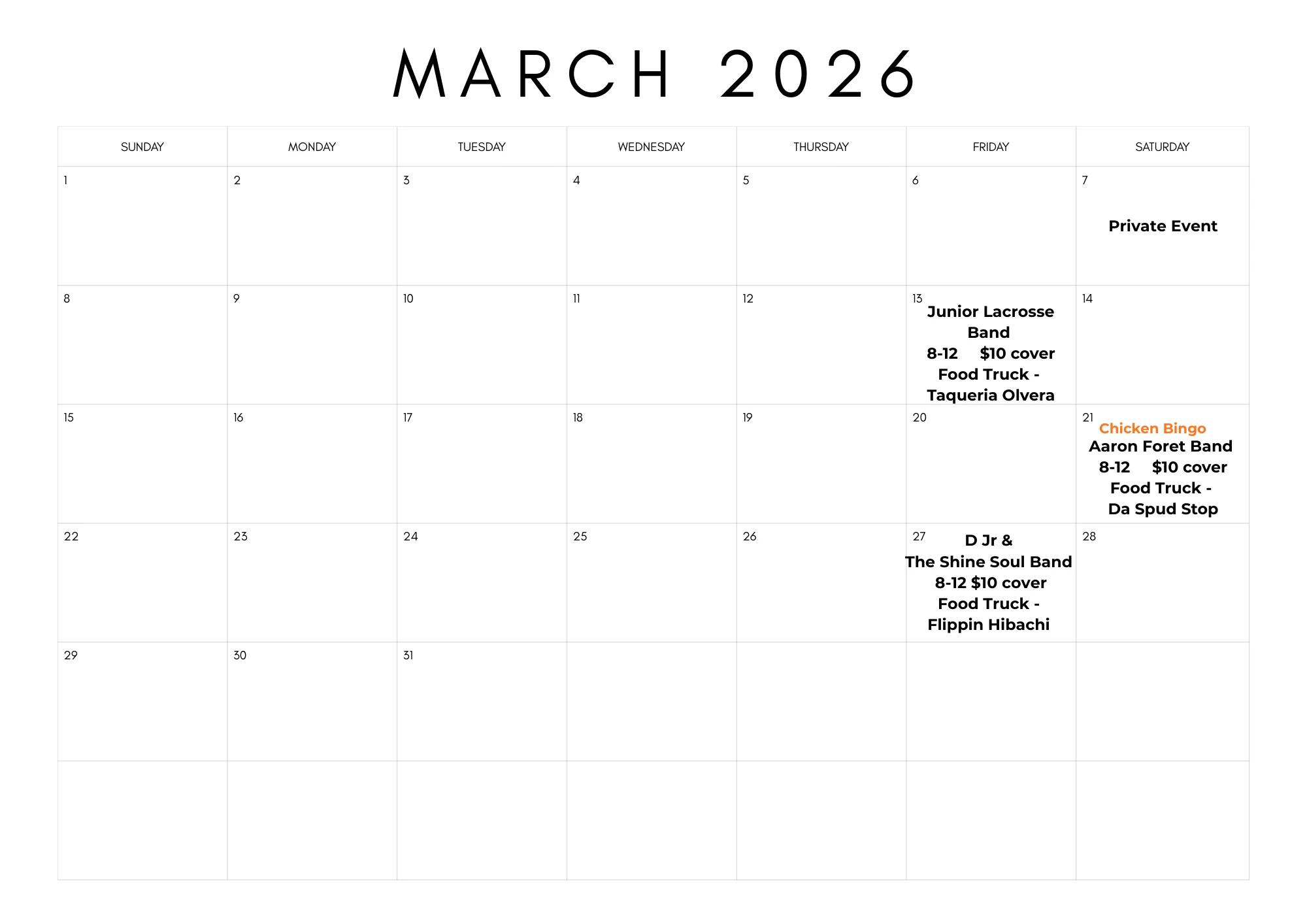 Event calendar for March 2026 featuring live music and food trucks