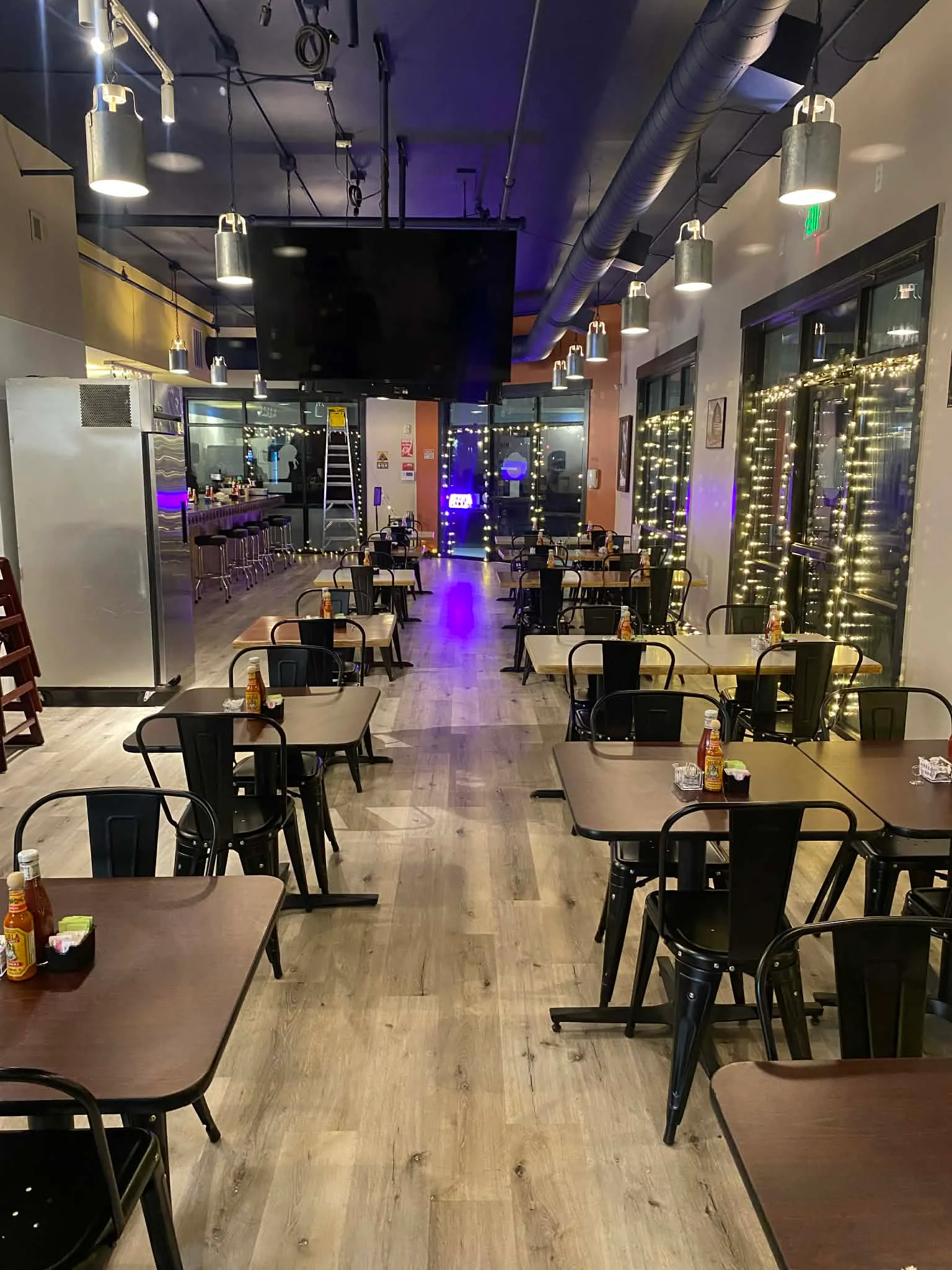 Modern restaurant interior with stylish seating and ambient lighting