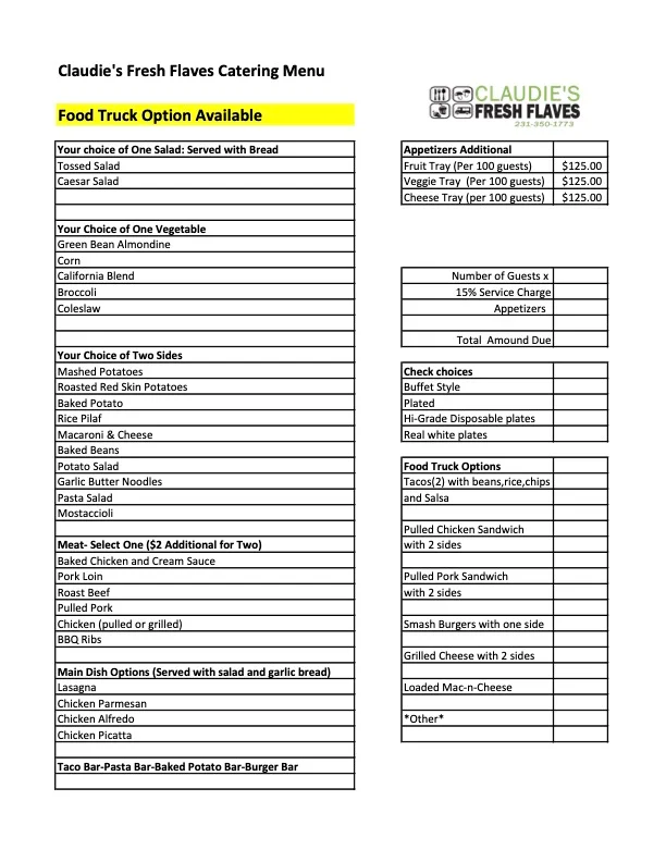 Claudie's Fresh Flaves catering menu with food truck options and pricing.
