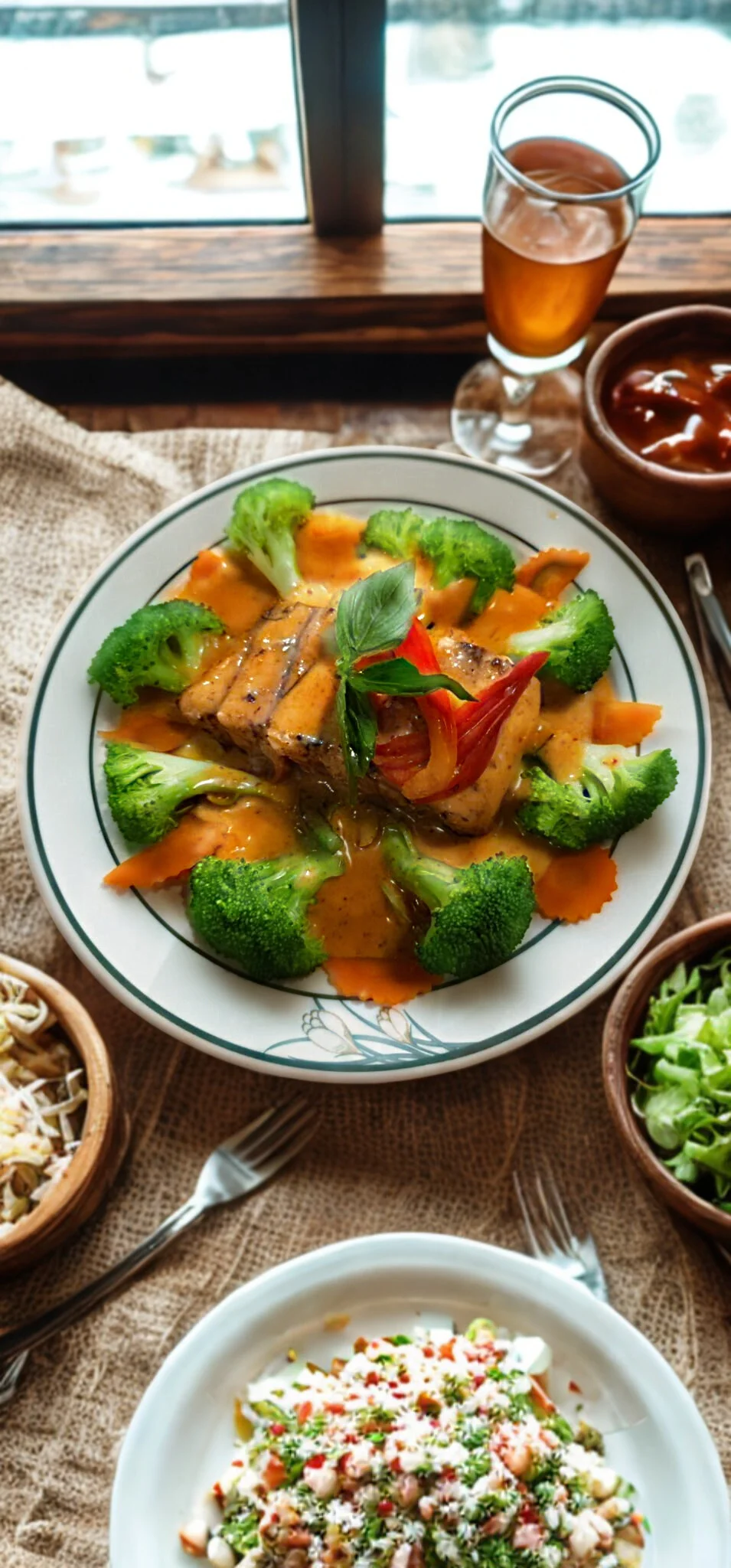 Thai red curry with grilled salmon and vegetables