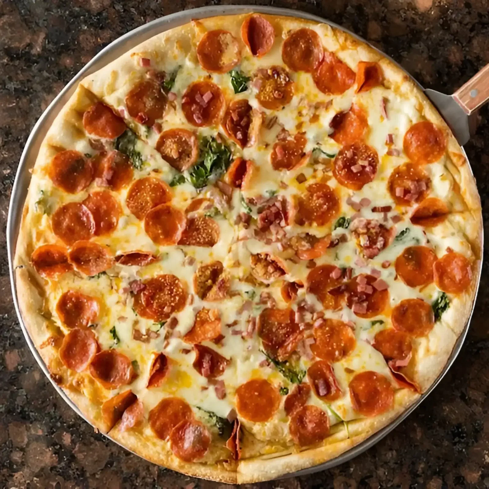 Thin-crust pizza topped with pepperoni, sausage, mushrooms, and melted mozzarella cheese.