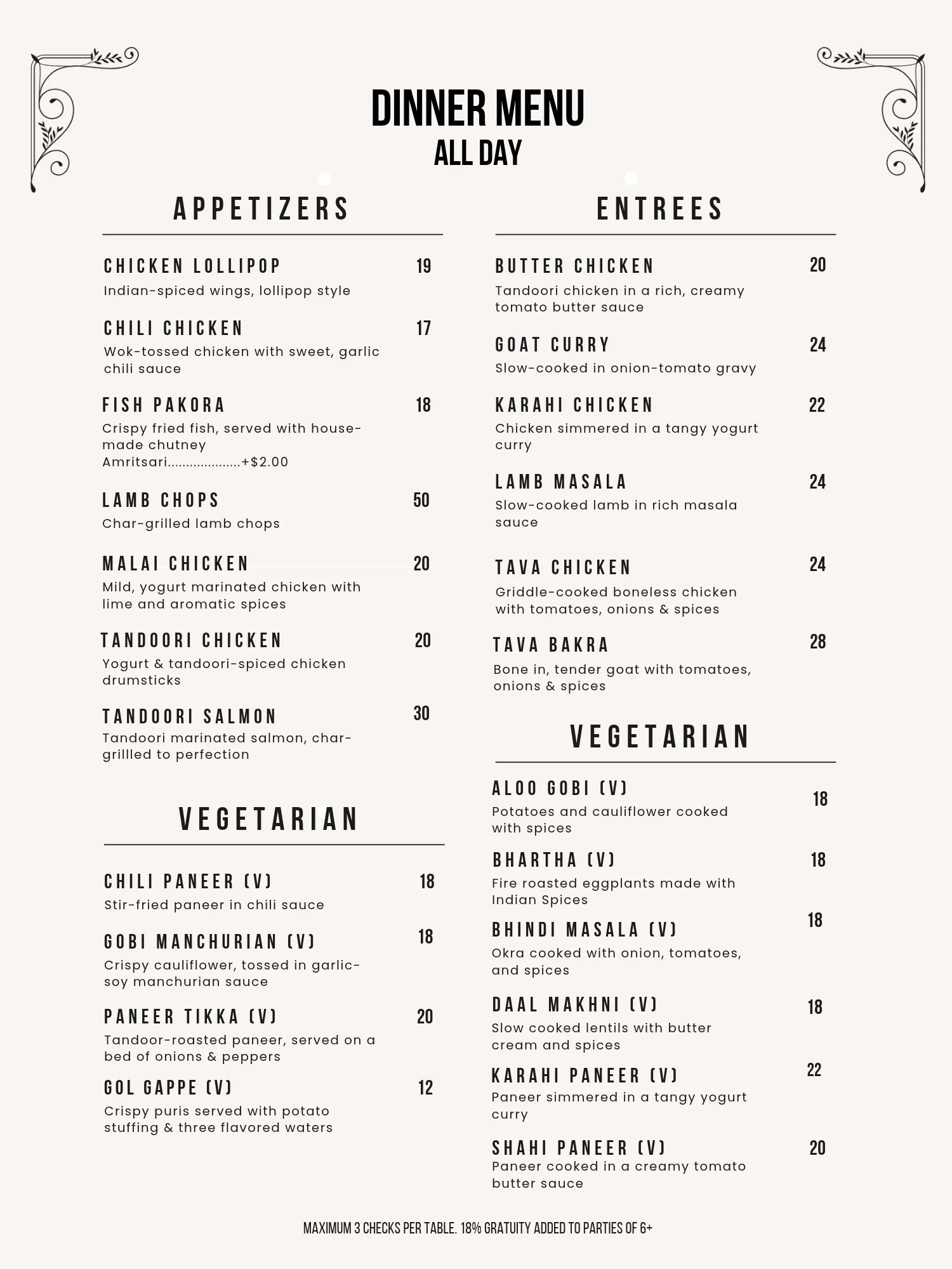 Indian restaurant dinner menu featuring curries, tandoori dishes, and vegetarian specialties