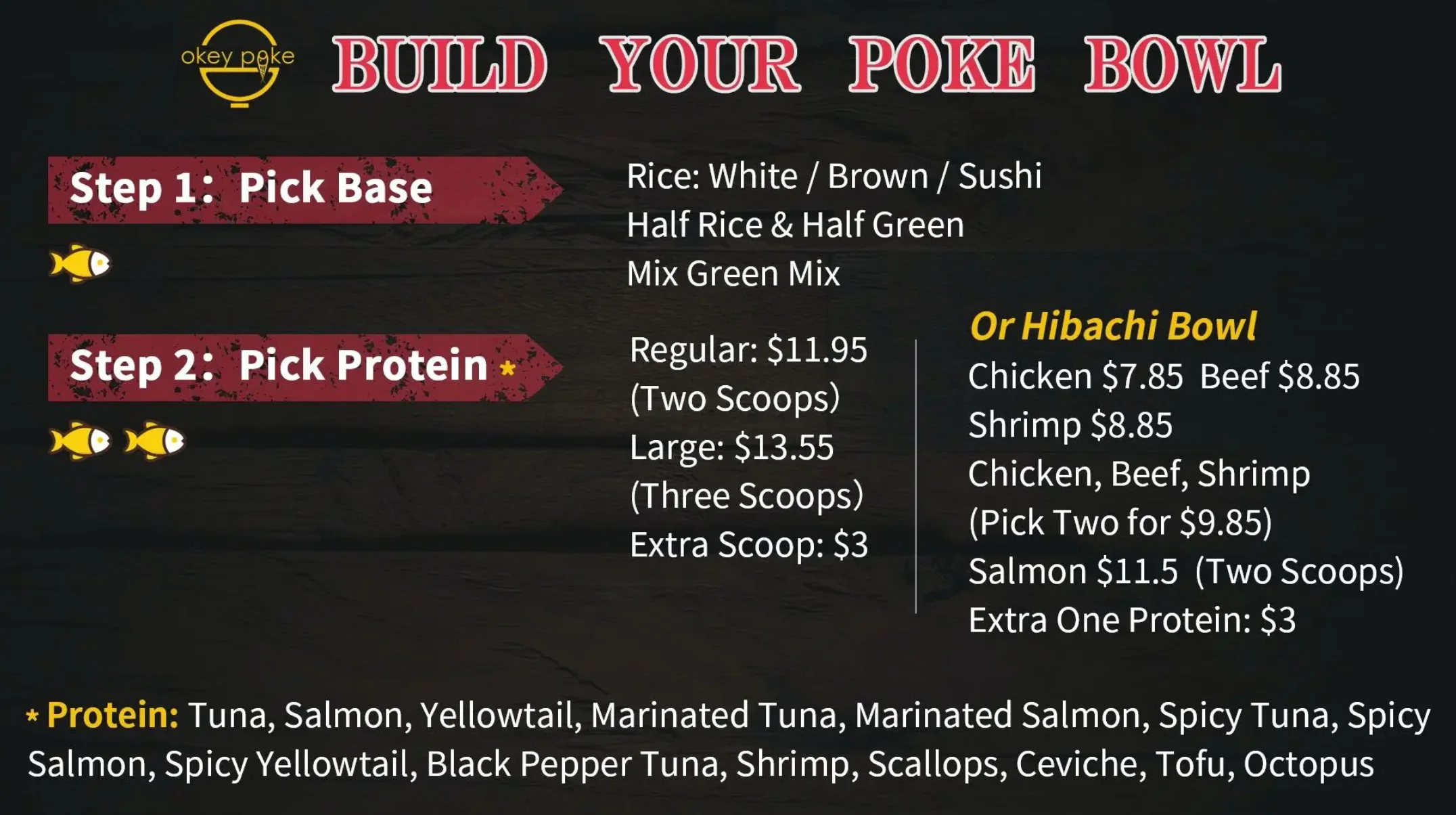 Menu for building a poke bowl with base and protein options.