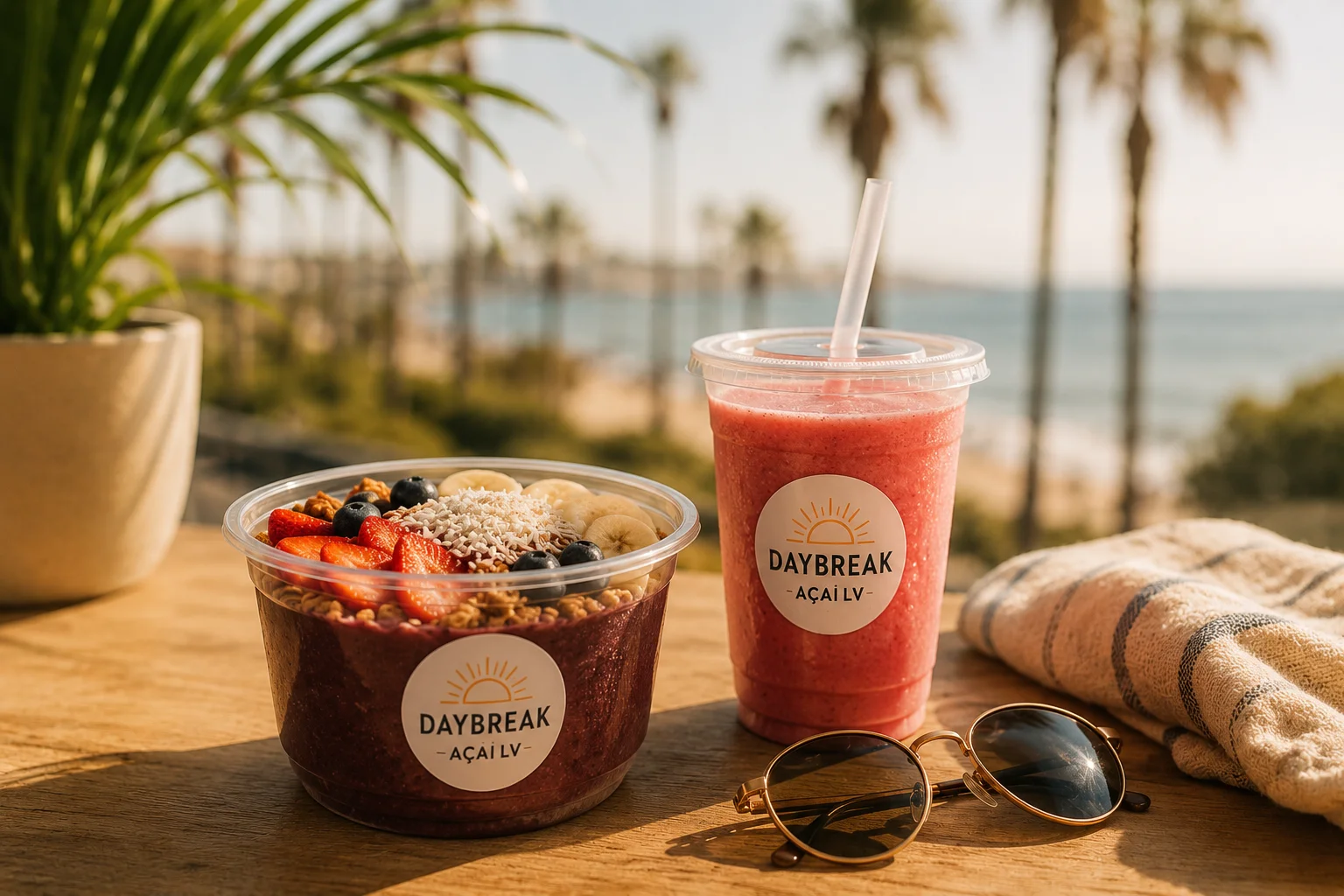 A refreshing blue drink served in a cup filled with ice, complemented by a pink straw. The drink is topped with a logo featuring a beach scene.