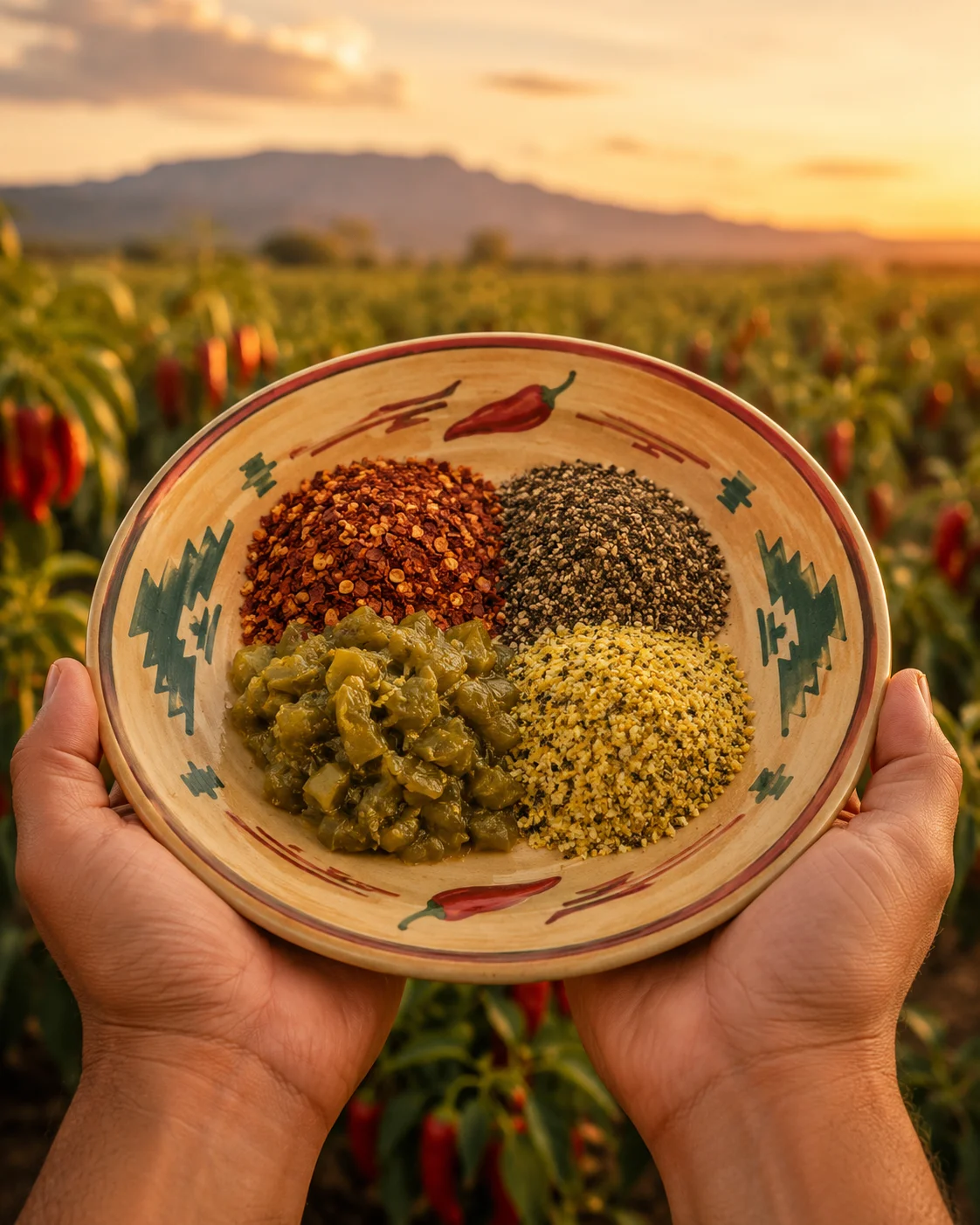 Colorful spices in a traditional bowl, showcasing Southwestern flavors