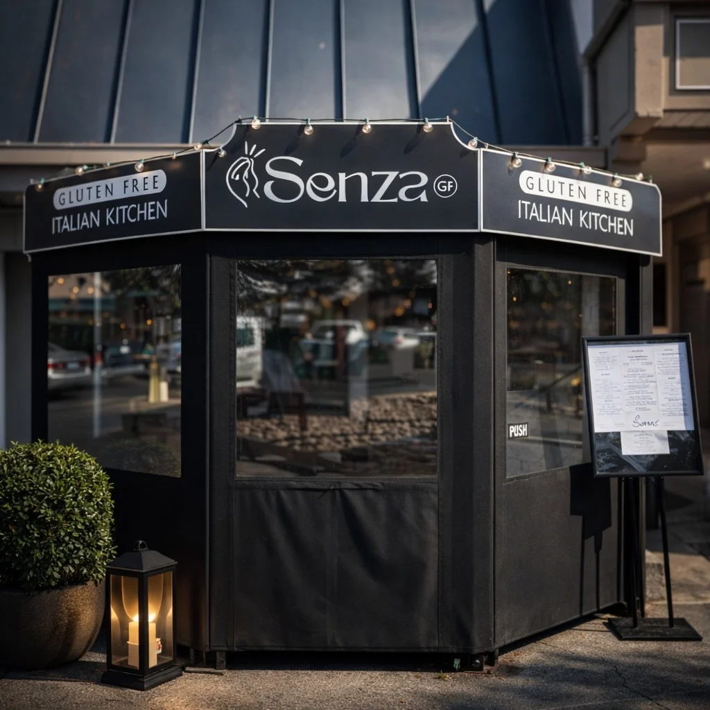 Exterior view of Senza GF Italian Kitchen with menu and lantern.