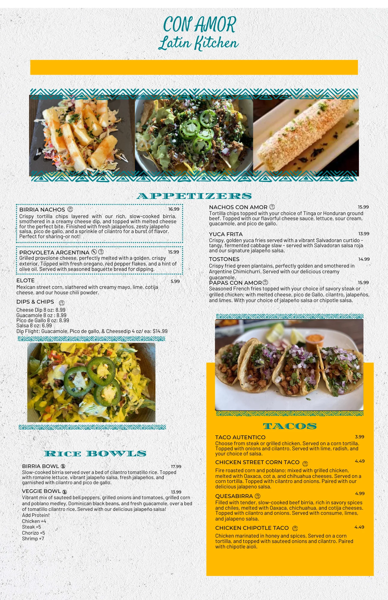 Colorful Latin American menu featuring tacos and rice bowls