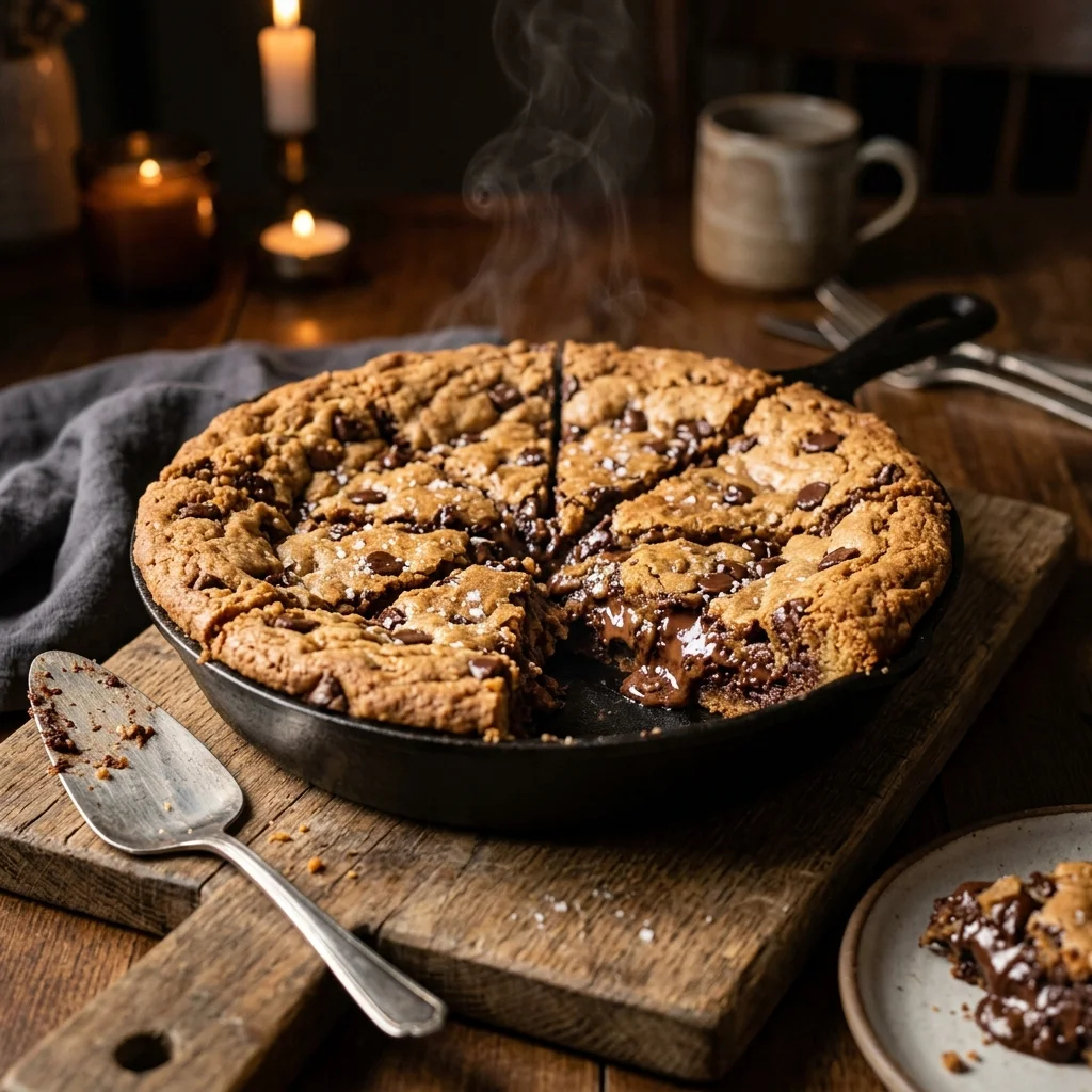 Freshly baked chocolate chip skillet cookie