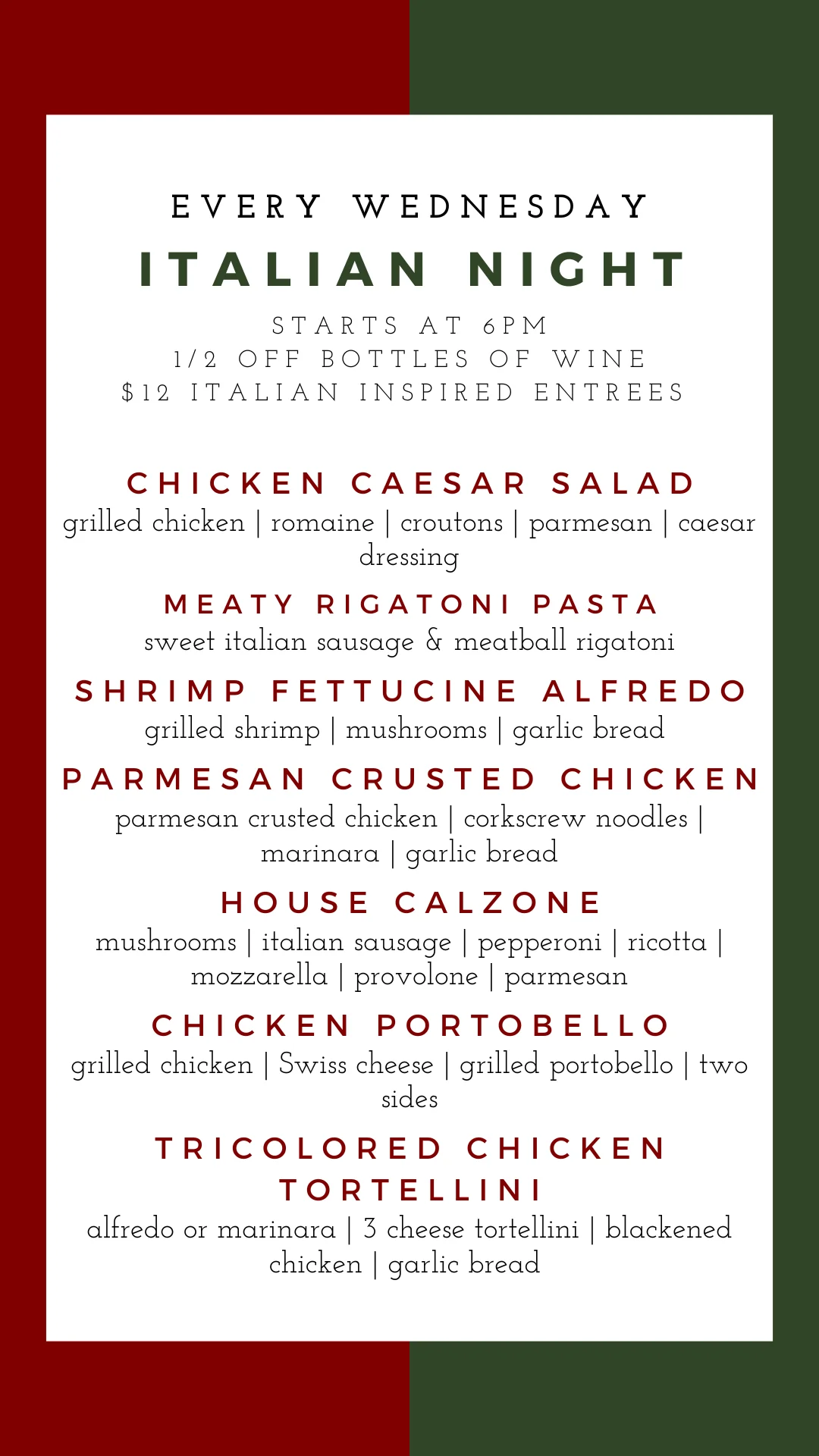 Italian Night menu featuring classic dishes