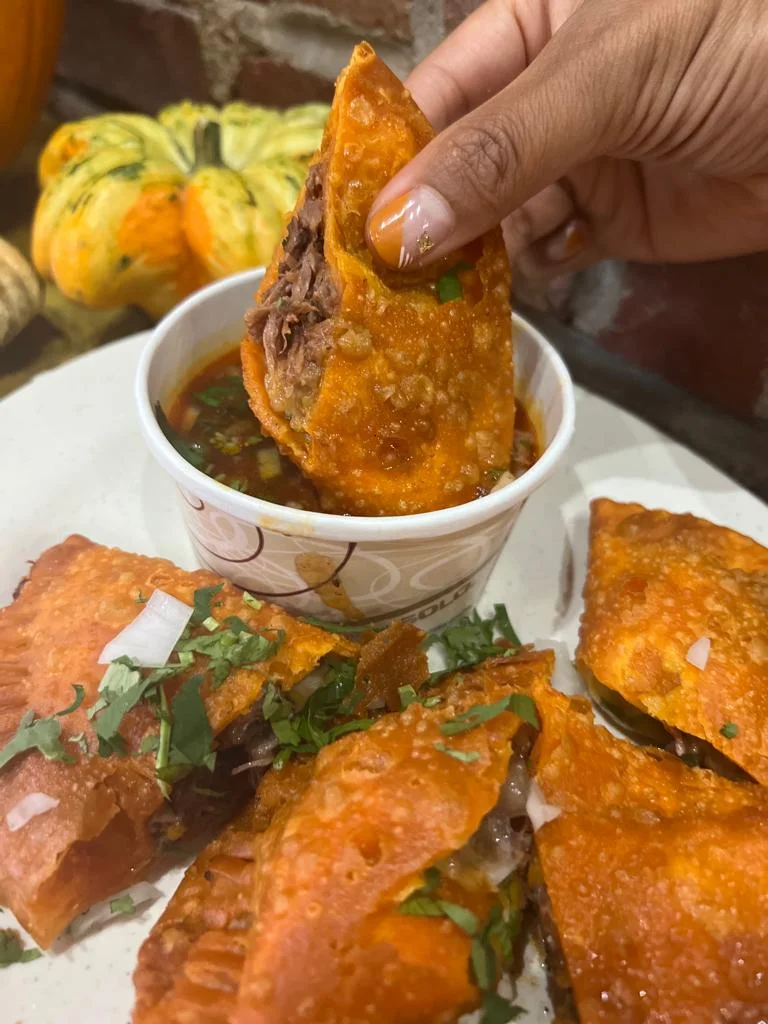 Delicious birria empanada served on a plate with garnishes.