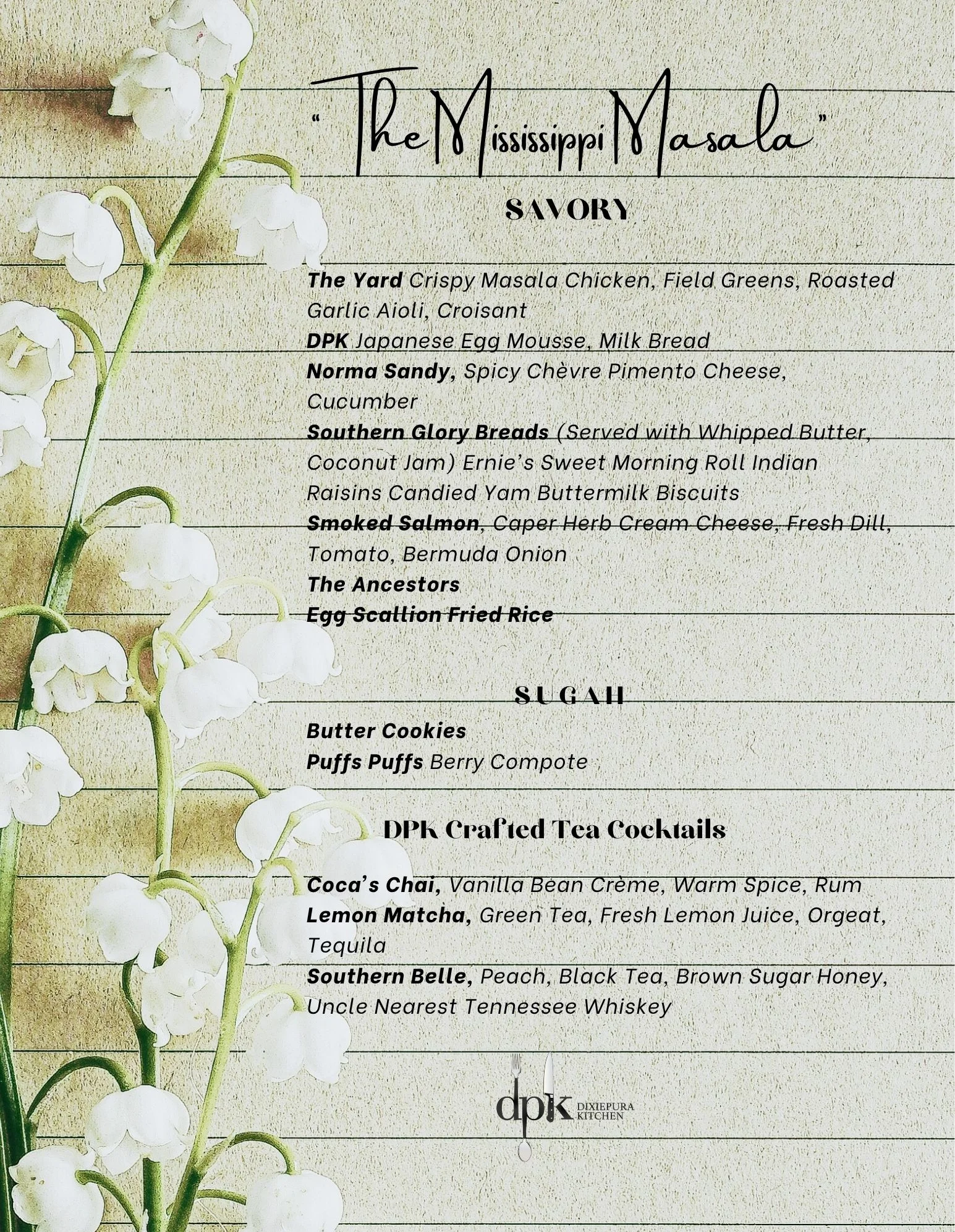Savory Southern dishes and crafted tea cocktails menu