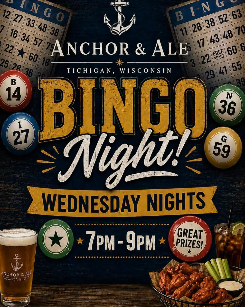 A promotional flyer for Bingo Night featuring food, drink, and event details, highlighting the location and time.