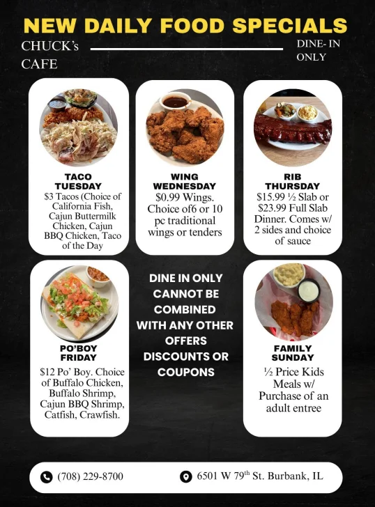 Daily food specials menu at Chuck's Cafe featuring tacos, wings, and ribs
