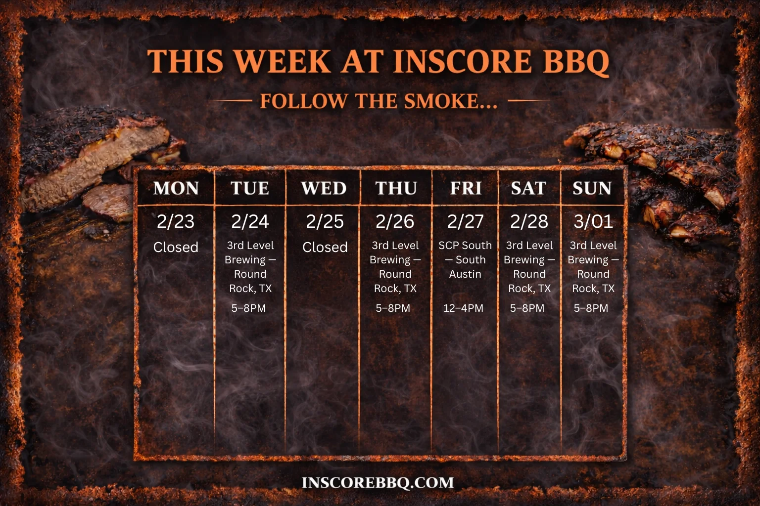 Weekly schedule for Inscore BBQ events and locations