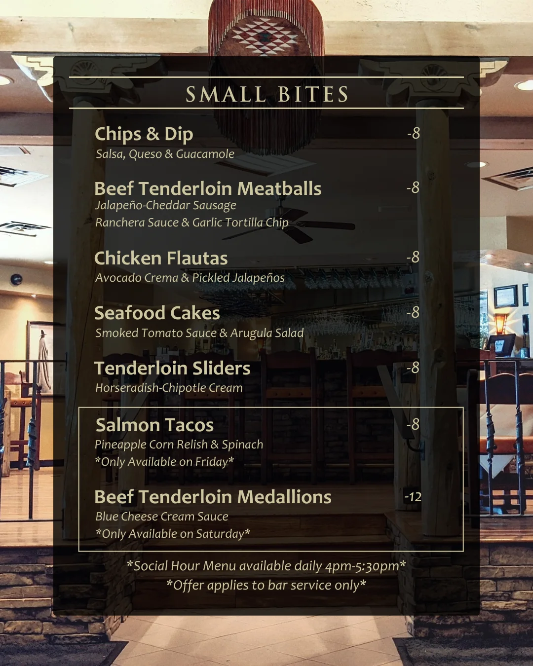 Small bites menu featuring diverse appetizers