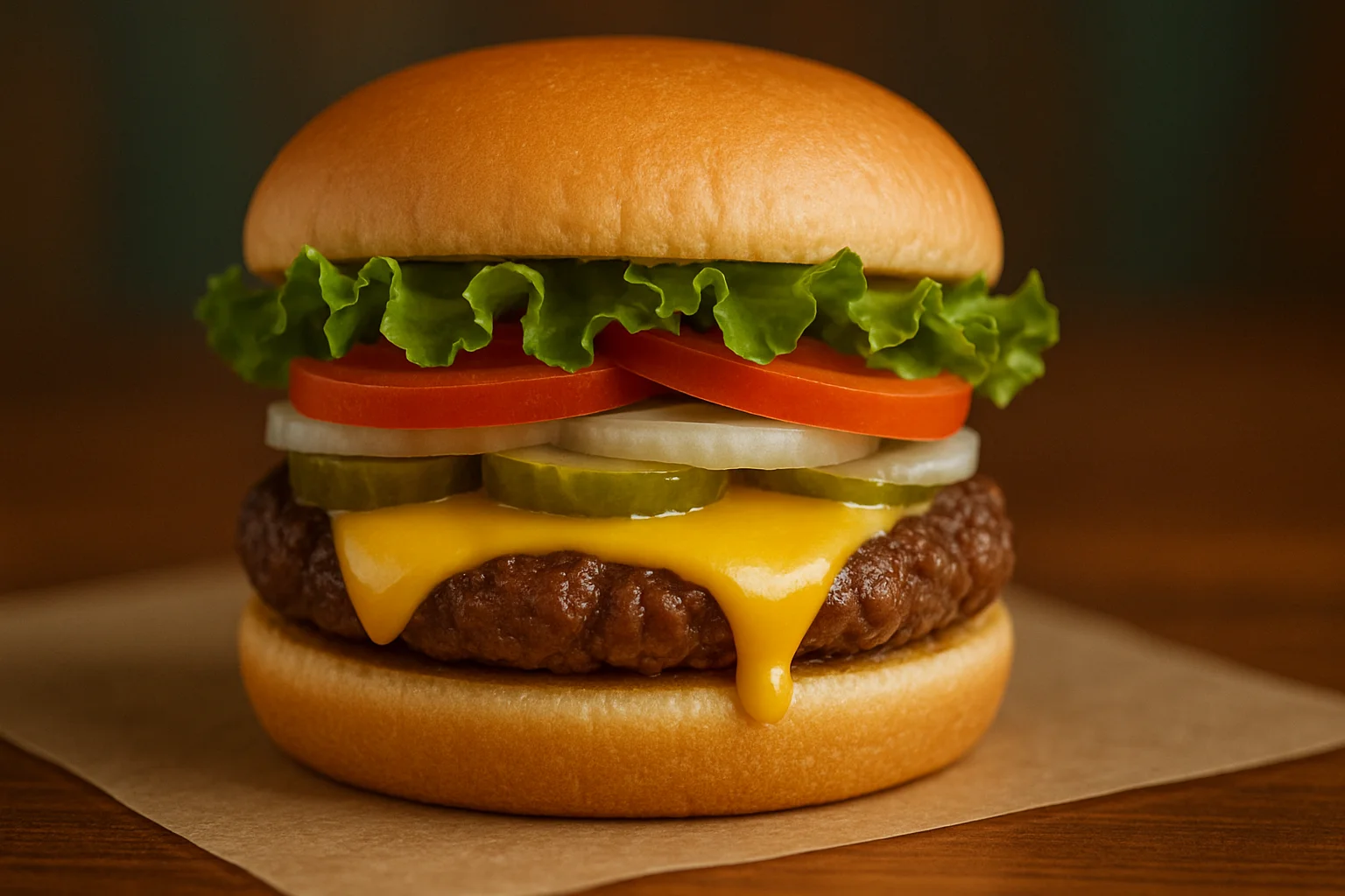 Classic American cheeseburger with fresh toppings