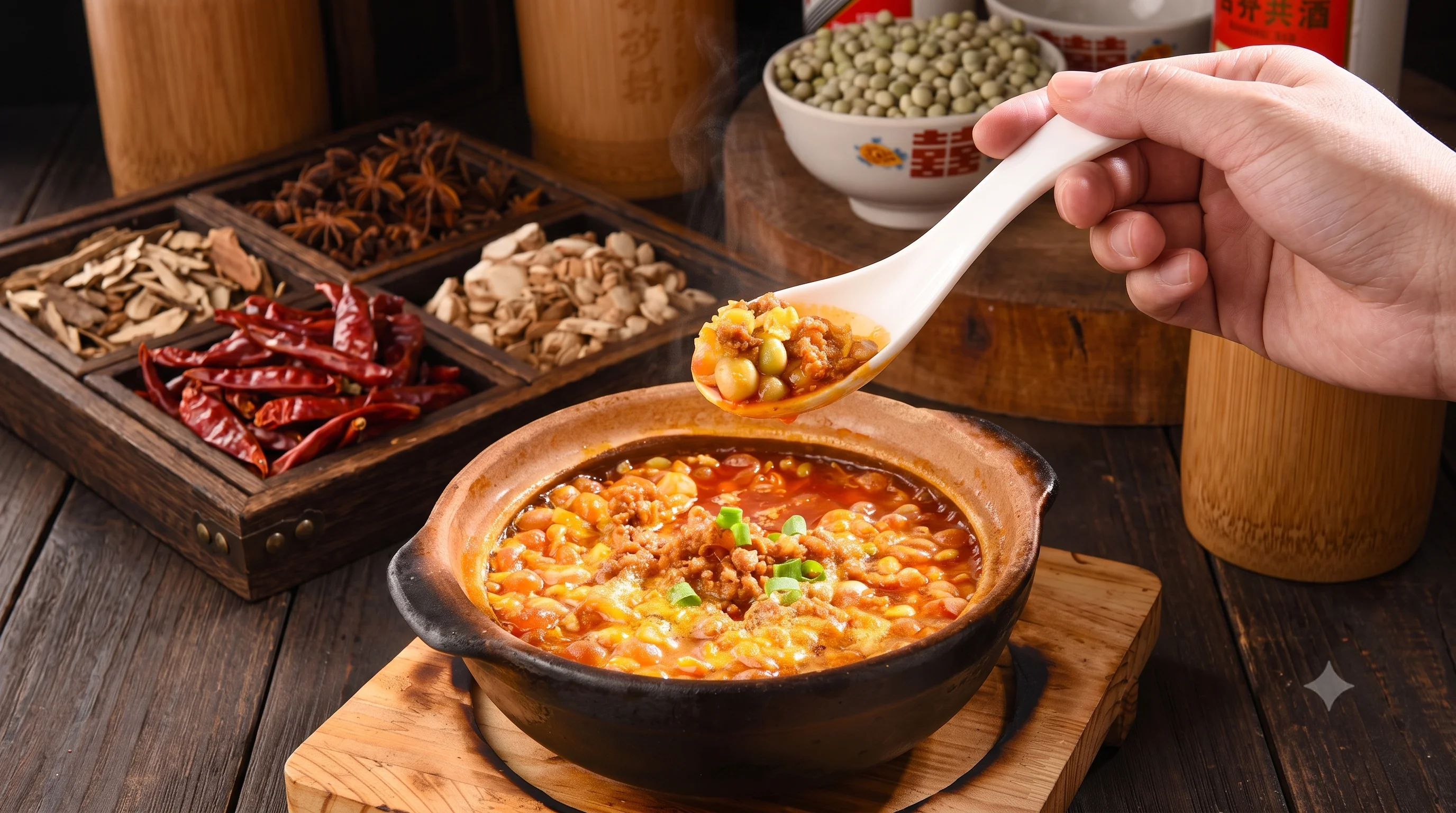 Spicy Chinese hot pot with savory ingredients